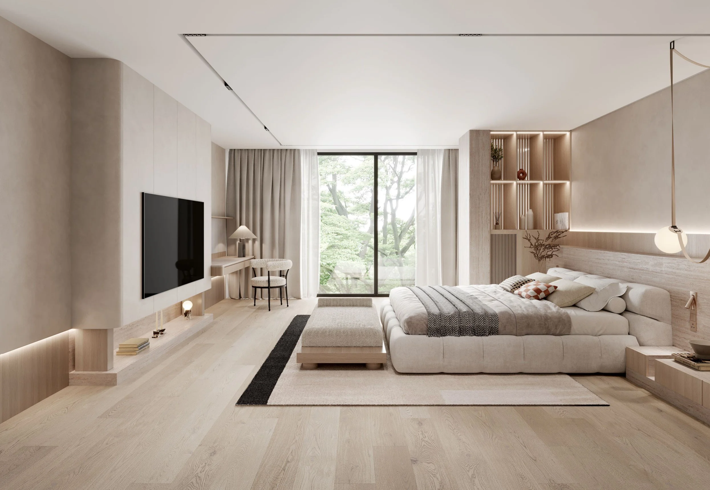 Modern bedroom with large window, beige walls, white ceiling with track lighting, beige bed with pillows, black and beige rug, built-in wooden shelves with decorative vases, desk with a chair and a lamp, and light wooden flooring.