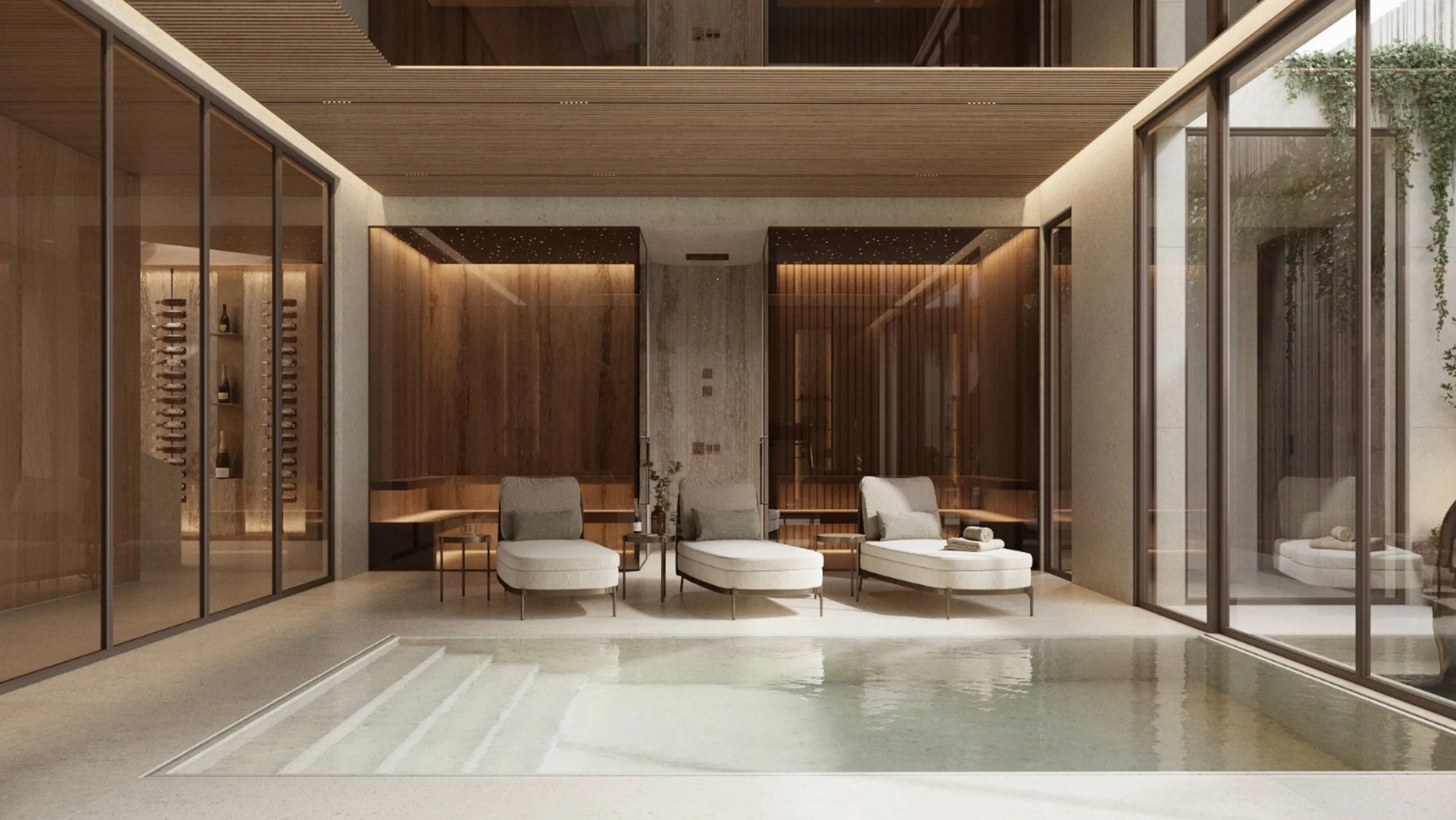 Modern hotel lobby with glass walls, white lounge chairs, and wooden accents.