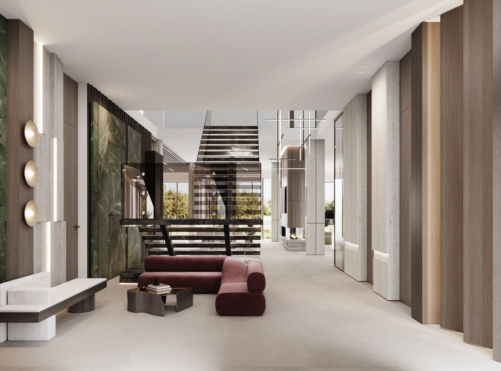 Modern interior living room with beige carpet, purple sofa, black coffee table, large windows, and wooden accents.