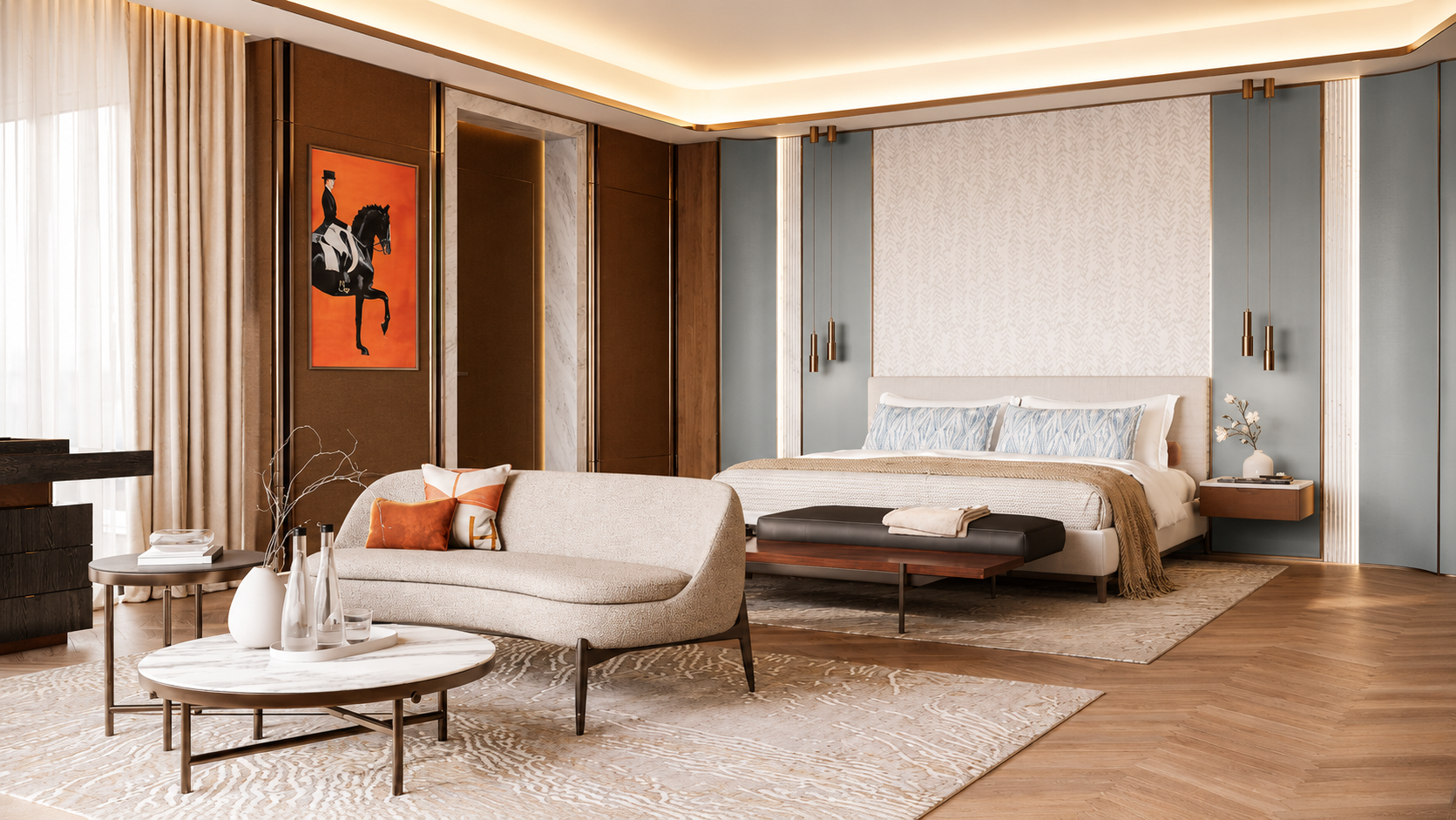 Luxury bedroom with a bed, bedside table, and modern decor, including hanging pendant lights and framed artwork of a person riding a horse.