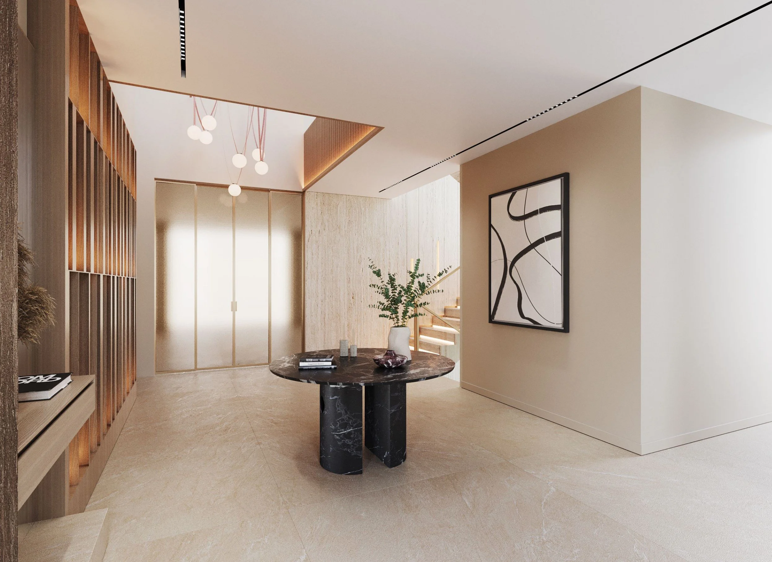 Modern interior of a living space with a round black marble table, a beige laminated floor, artwork on the wall, and decorative plants.