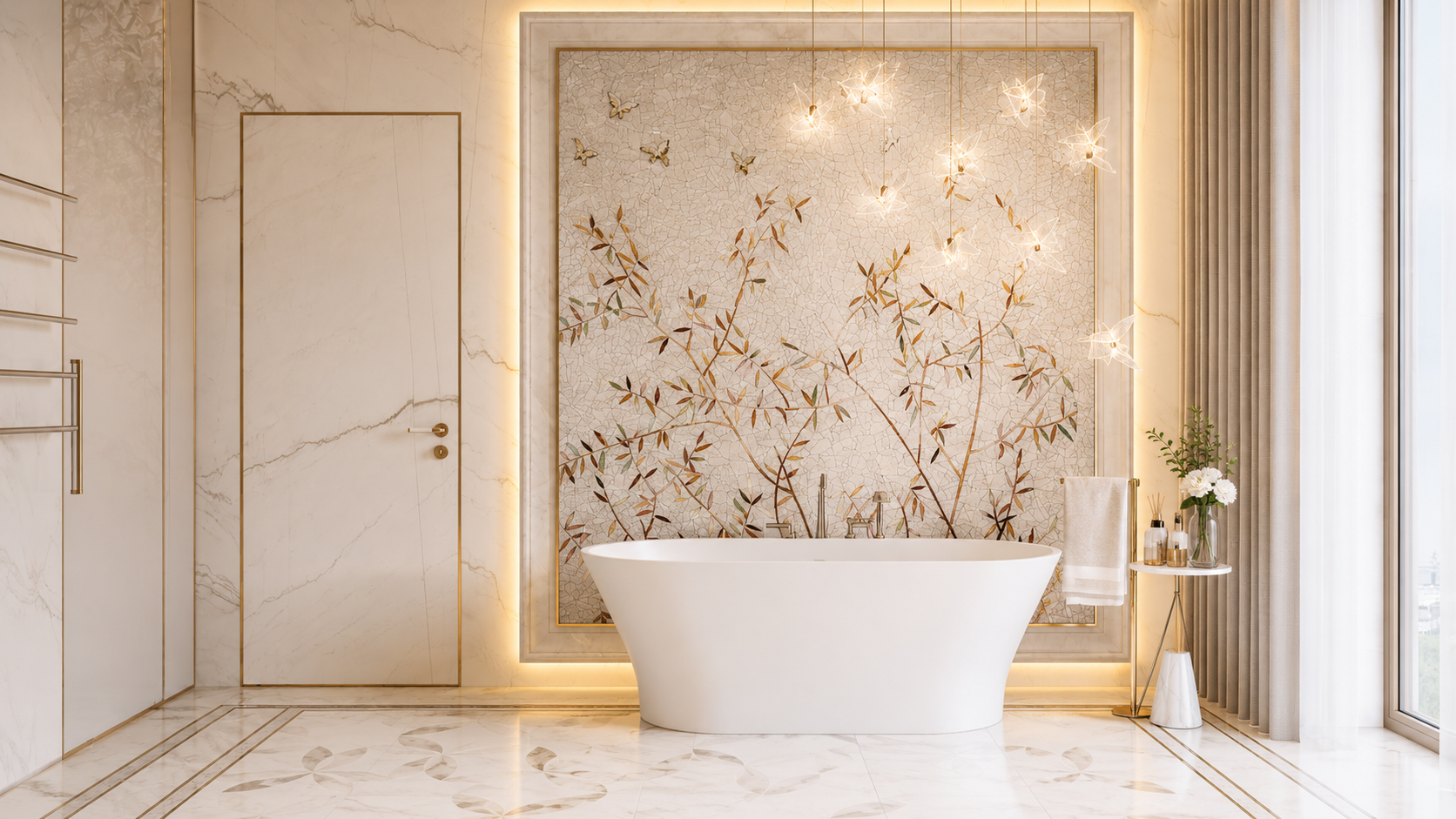 Luxurious bathroom with a freestanding bathtub, marble floors and walls, a decorative wall with bronze accents and a leaf pattern, soft lighting, and a side table holding flowers and toiletries.