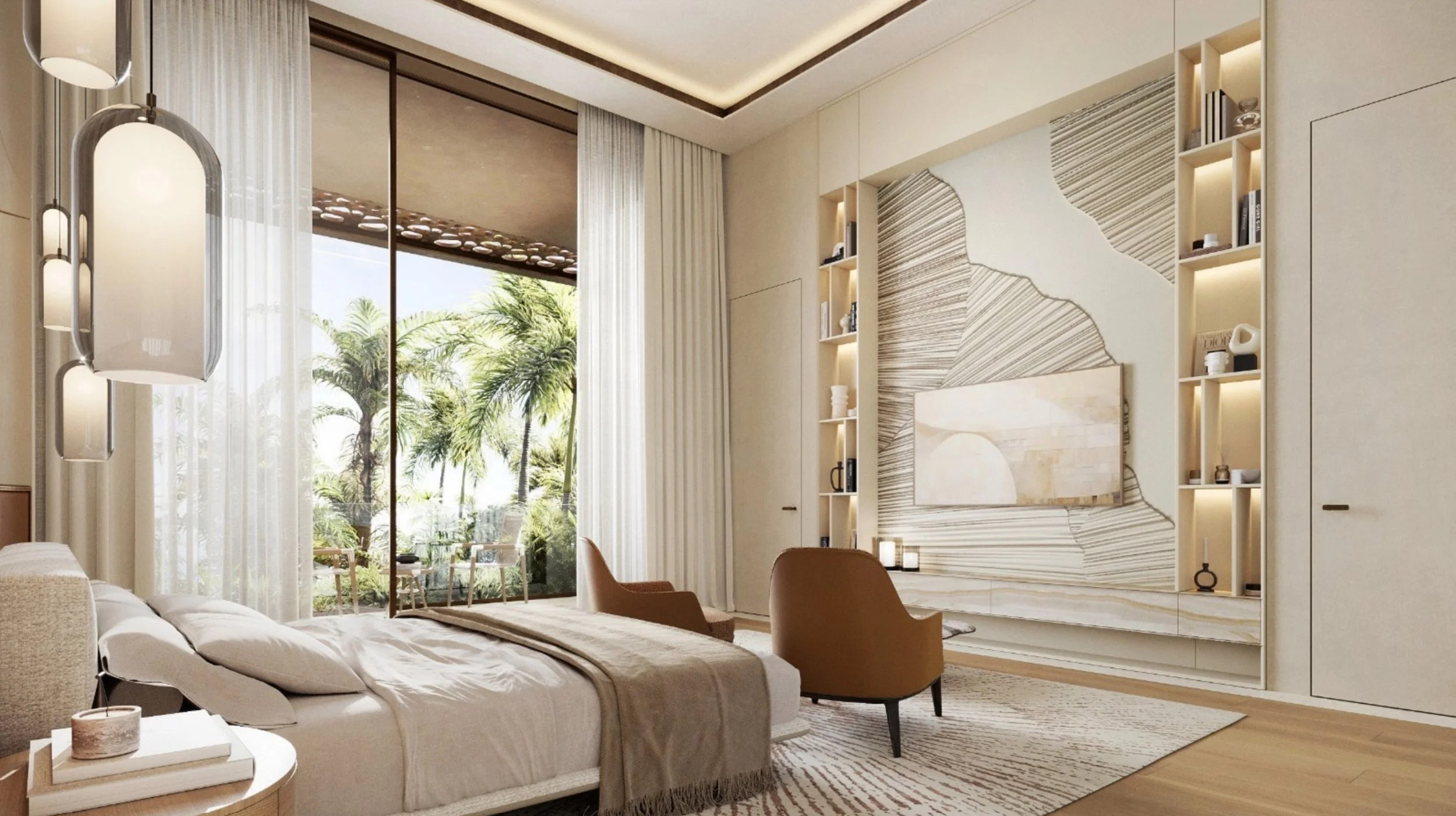 Modern living room with large window showing outdoor patio and palm trees, beige and tan furniture, built-in shelving with decor, abstract wall art, and patterned rug.