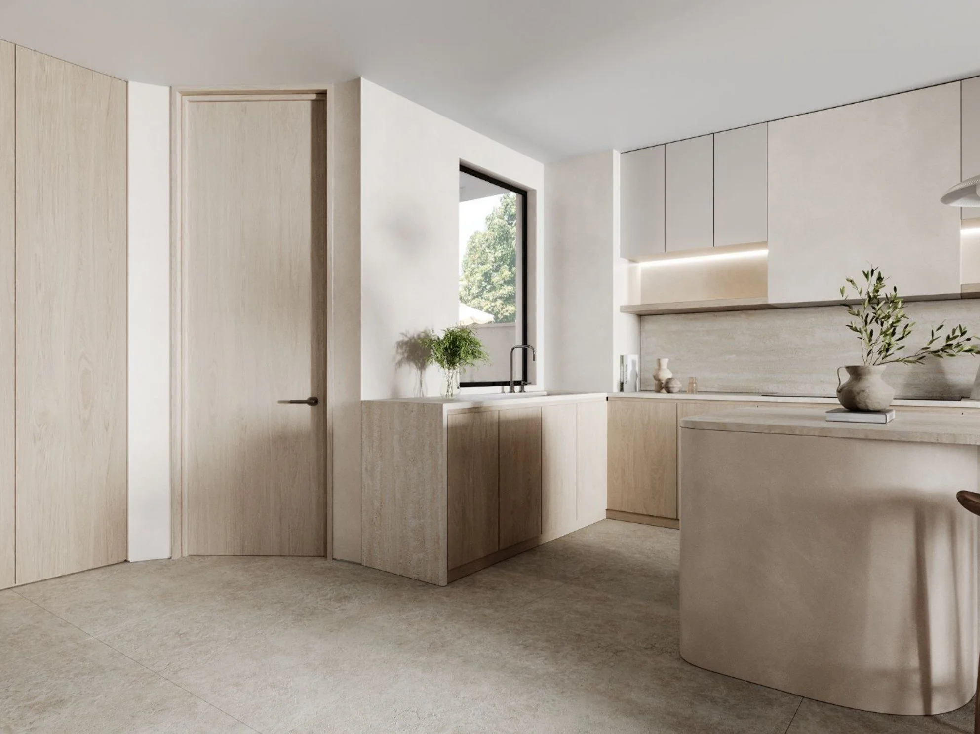 A modern, minimalist kitchen with light wood cabinetry, a large window, neutral tones, and simple decor including potted plants and vases.
