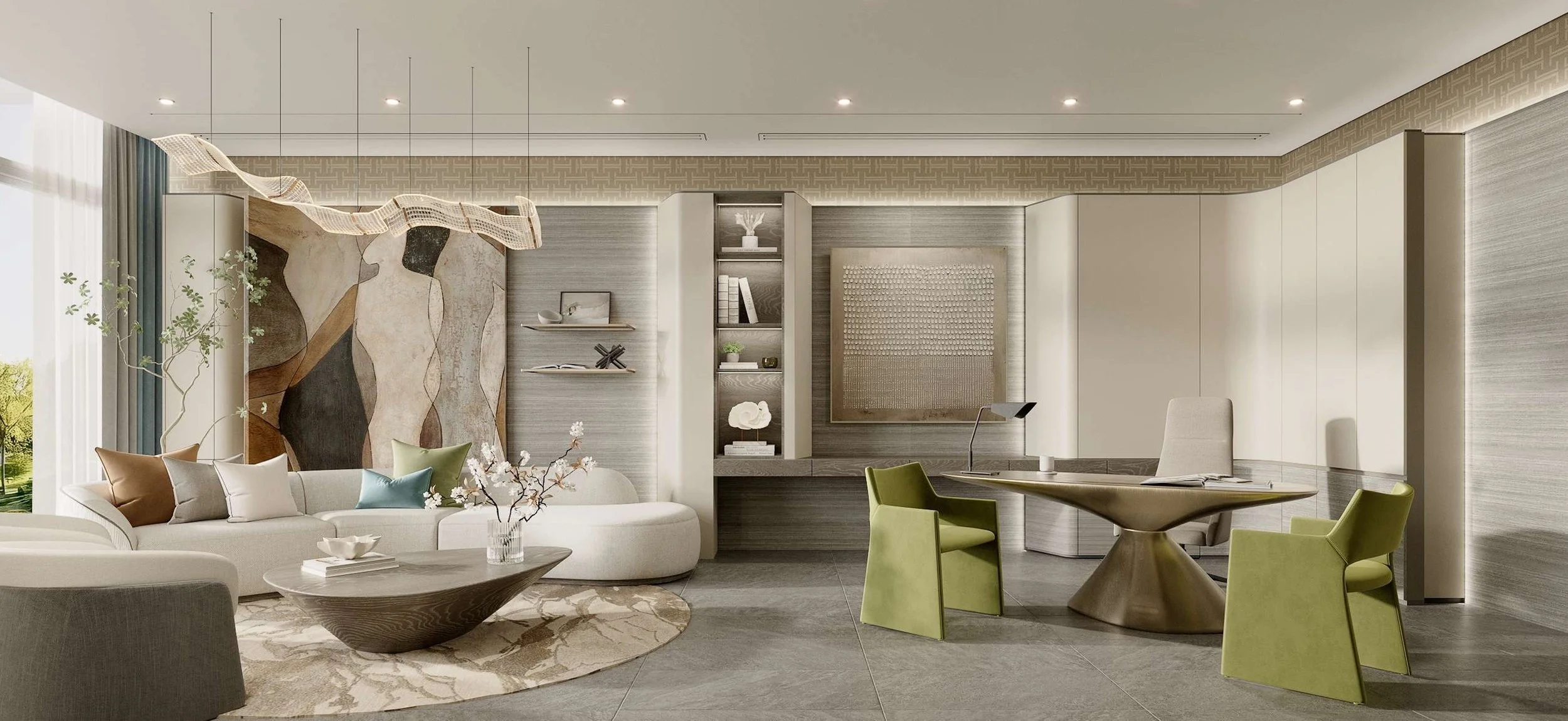 Modern living room with beige sofa, green and beige chairs, abstract wall art, shelves with books and decor, and a round coffee table with floral arrangement.