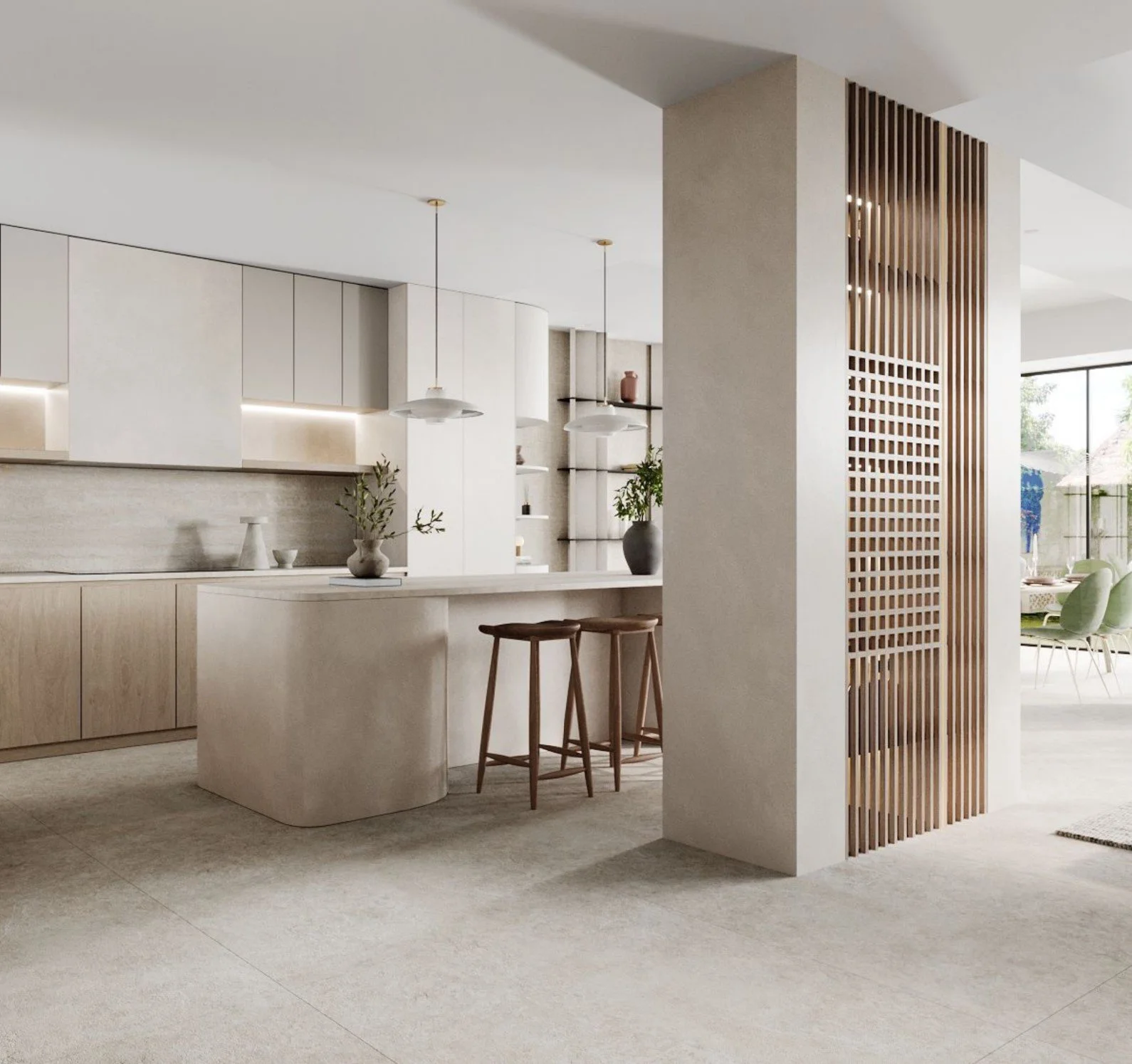 Interior of a modern, minimalistic kitchen and living space with beige and white tones, wooden accents, and natural light.