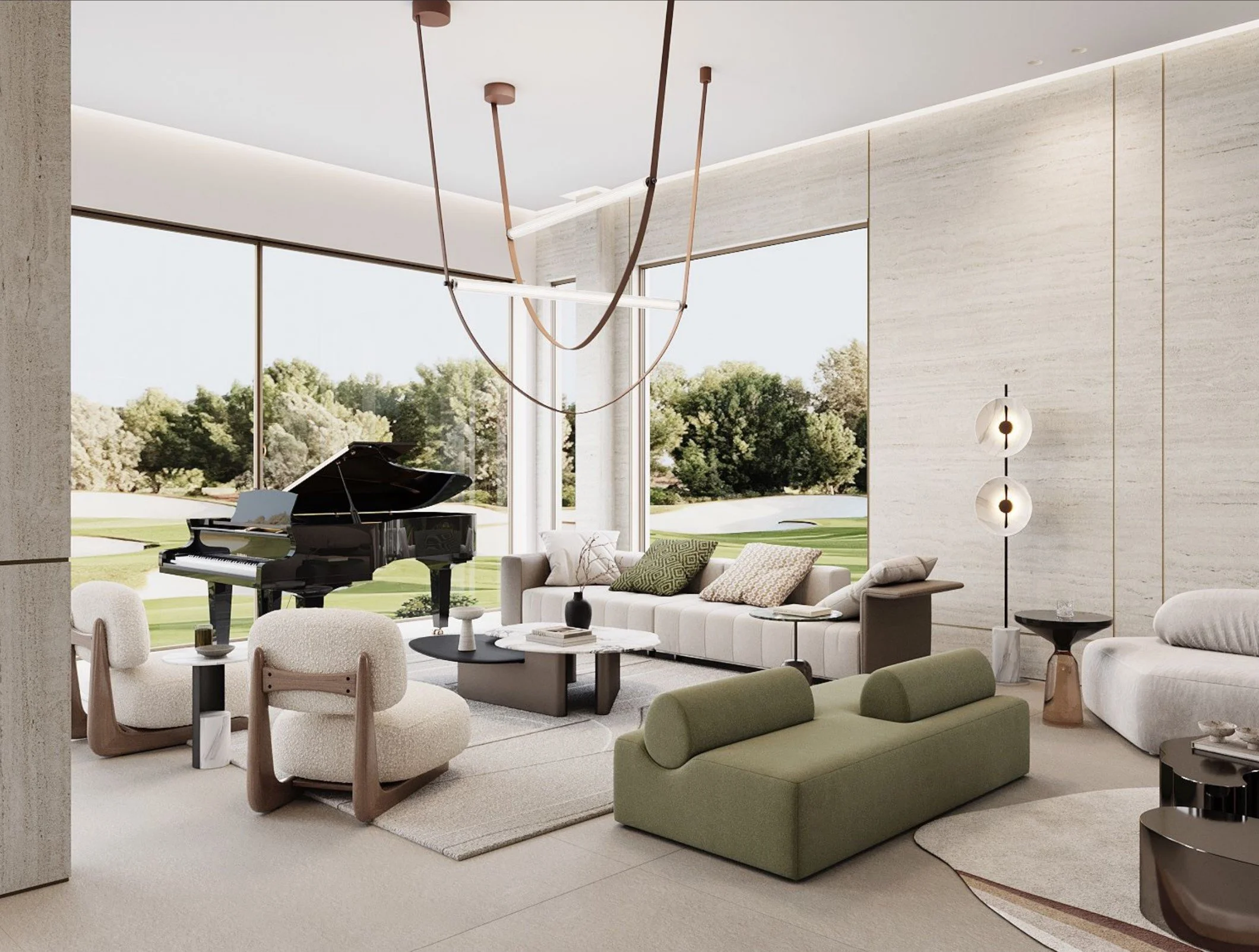 Living room with modern furniture, including beige and green sofas, a black grand piano, white and wooden chairs, circular side tables, a contemporary chandelier, and large windows revealing green trees outside.
