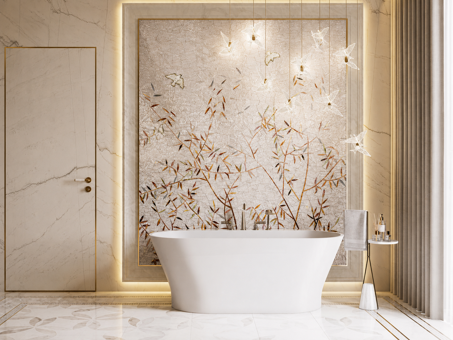 A luxurious bathroom with a white modern bathtub, decorative wall with nature-inspired design, hanging butterfly sculptures, marble door, and a side table with toiletries