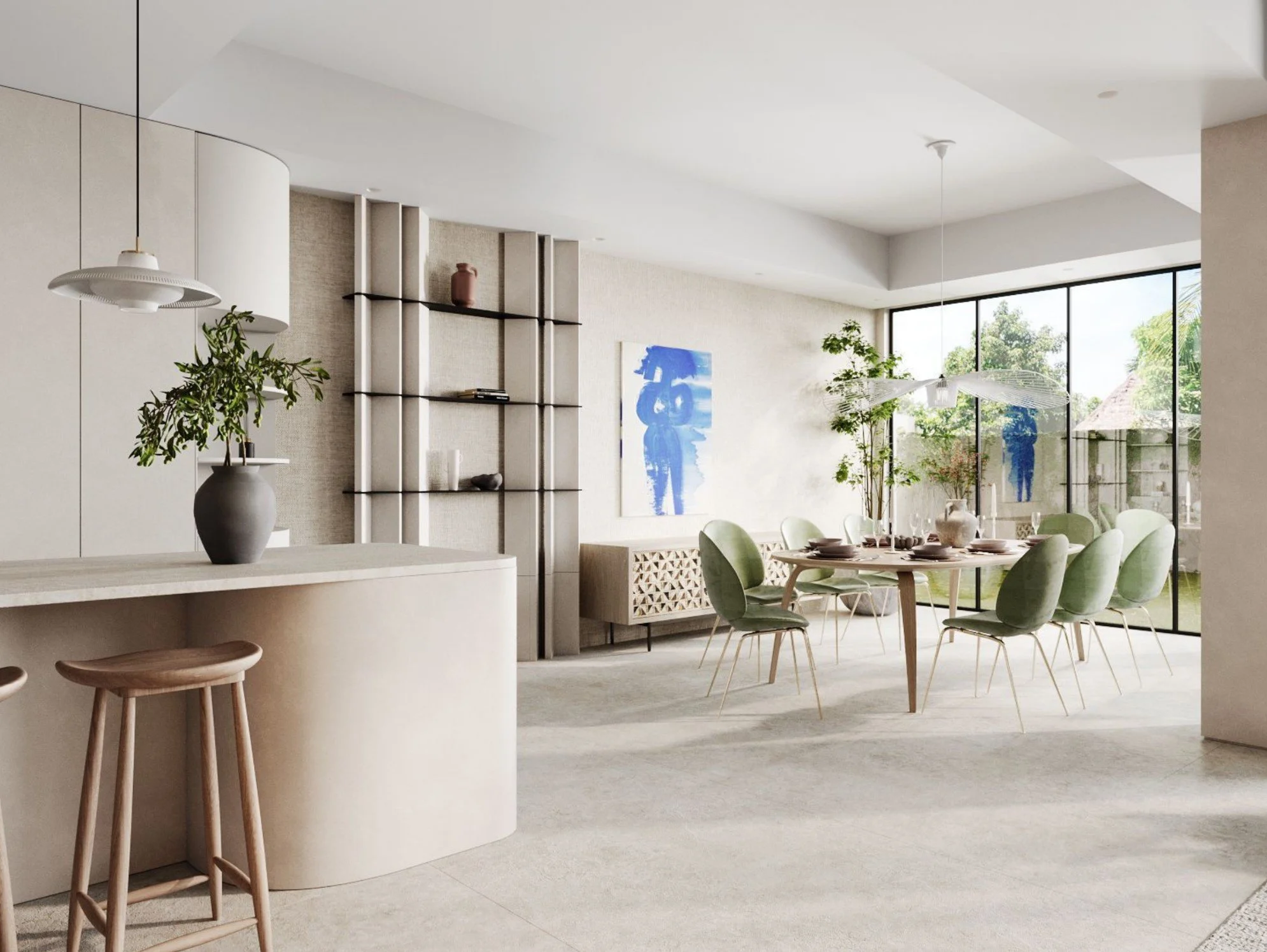 Bright, modern dining area with large windows, green chairs around a wooden table, artwork on the wall, and potted plants, featuring minimalist decor and natural light.