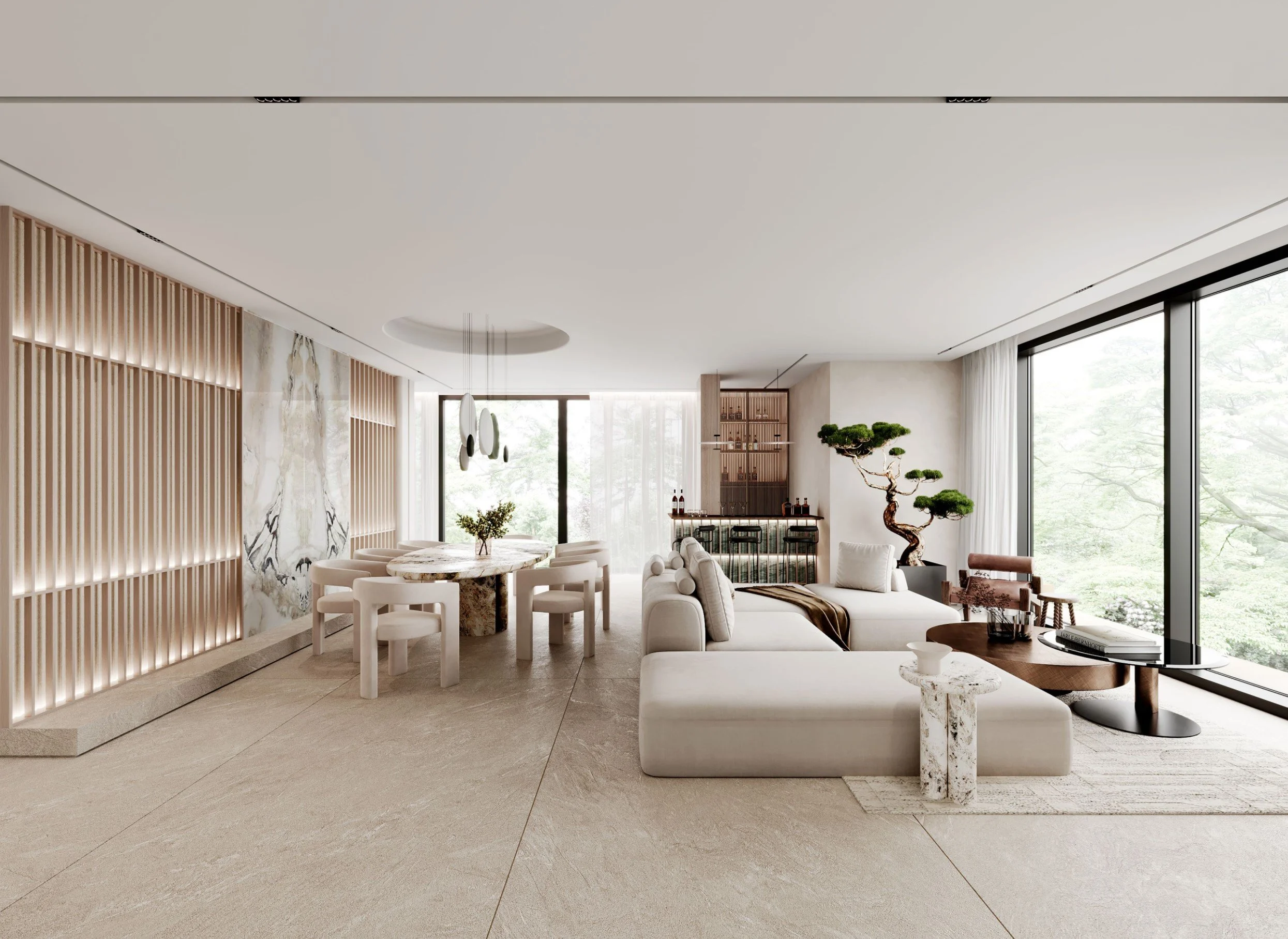 Modern living room with large windows, white sofa, round marble coffee table, and decorative plant, illuminated by natural light.