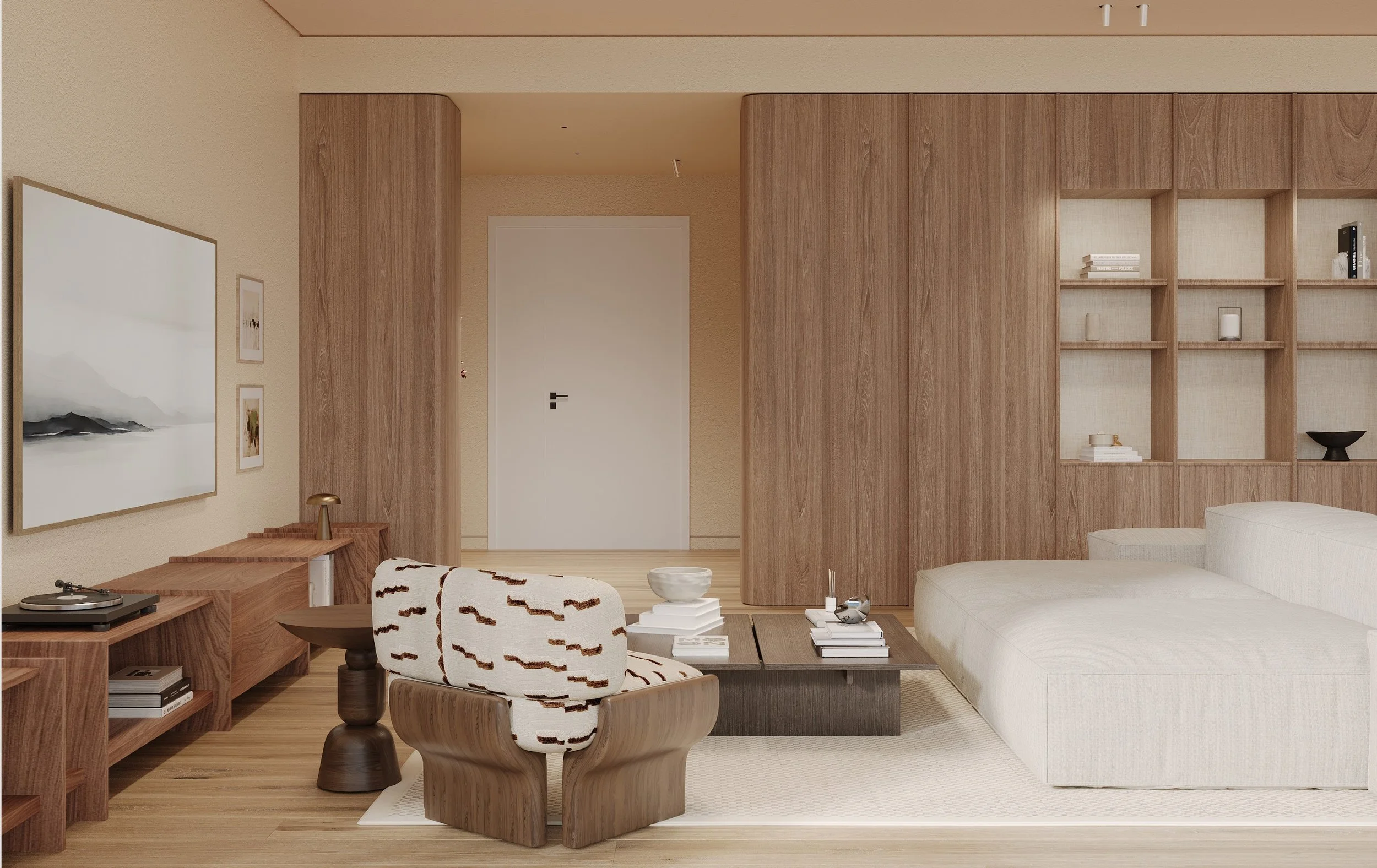A modern living room with wooden walls and furniture, including a white sofa, patterned chairs, a coffee table with books, wall art, and decorative items.