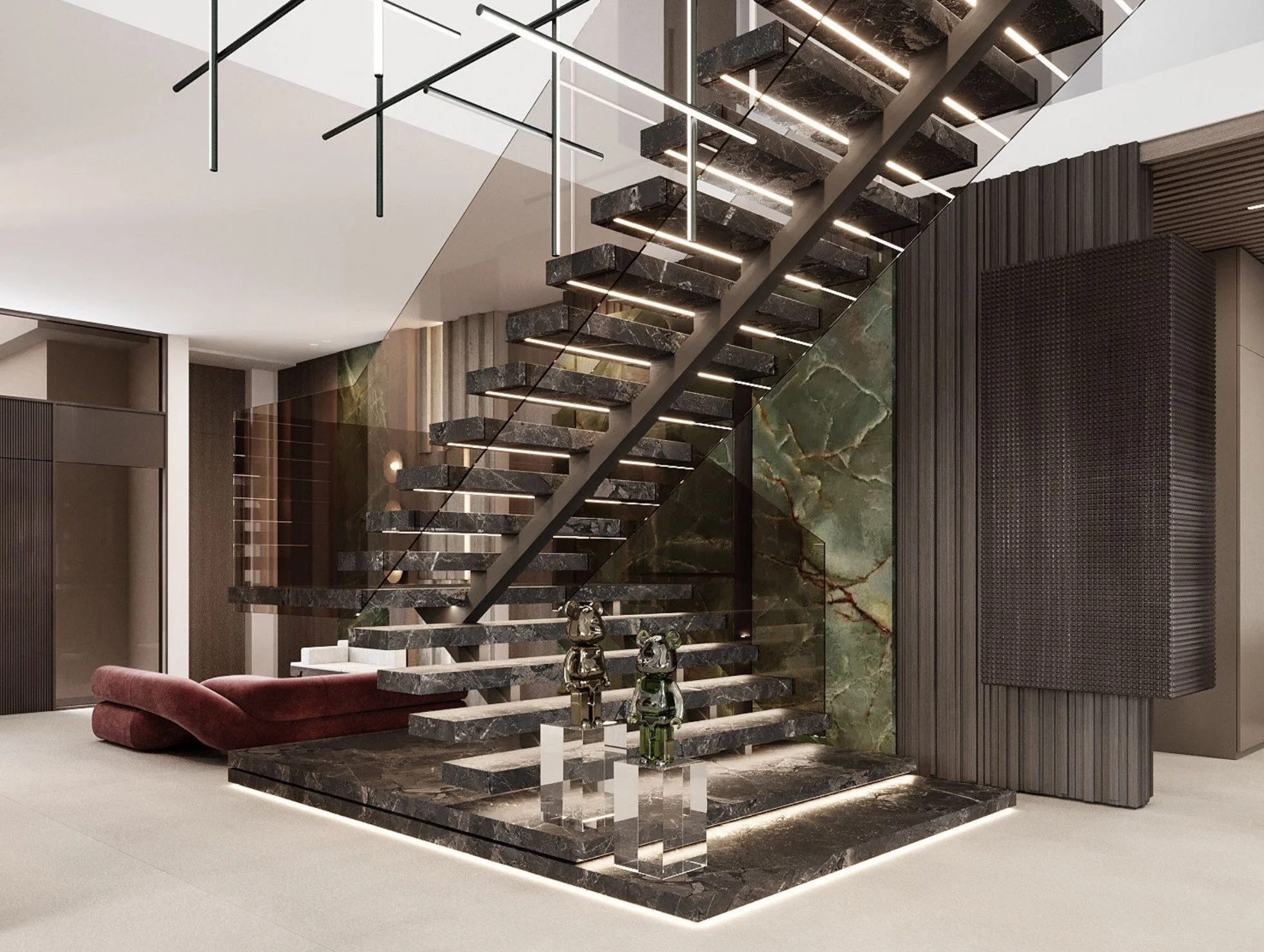 Modern interior featuring a black marble staircase with LED lighting, a maroon velvet sofa, and decorative glass sculptures on a black marble table, with textured wall panels and marble accents.
