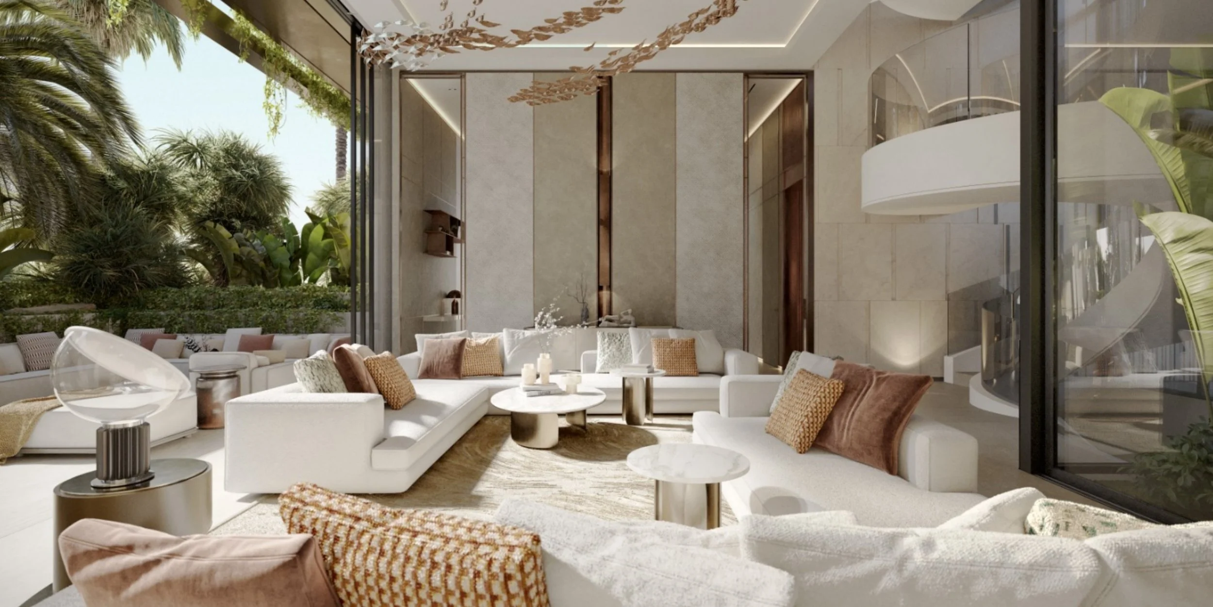 Modern living room with white sofas, brown and beige cushions, white marble coffee tables, and large floor-to-ceiling windows revealing lush green palm trees outside.