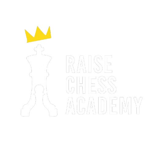 Logo for Raise Chess Academy featuring a white king chess piece with a yellow crown, and the text 'RAISE CHESS ACADEMY' written in white.