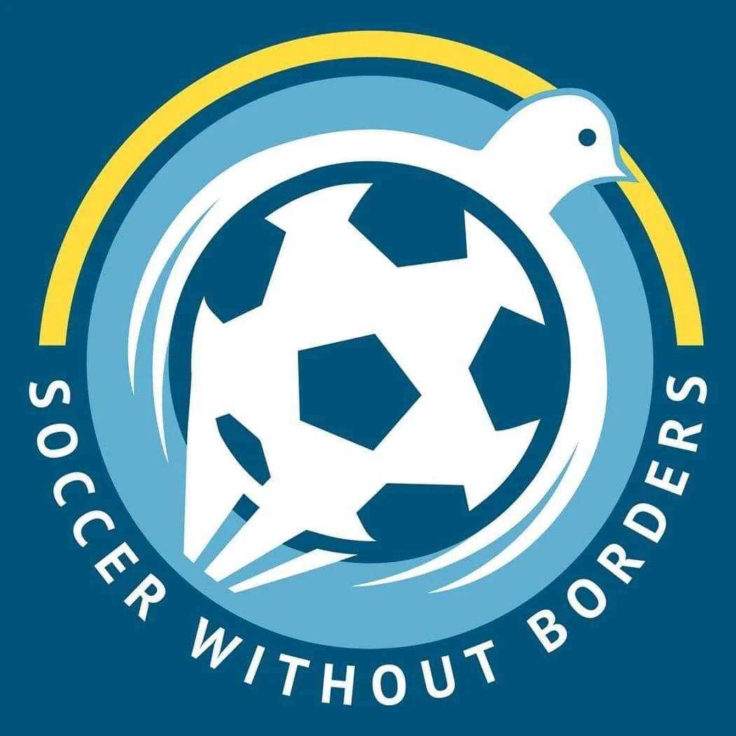 A logo with a football shape intertwined with a dove and a rainbow, containing the words 'Soccer Without Borders' in a circular arrangement.