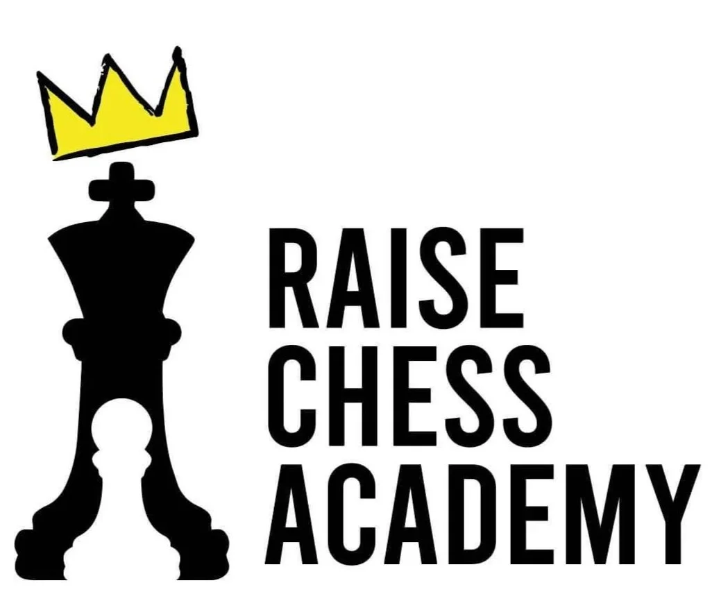 Black silhouette of a chess king with a yellow crown and the words 'Raise Chess Academy' in bold black letters.