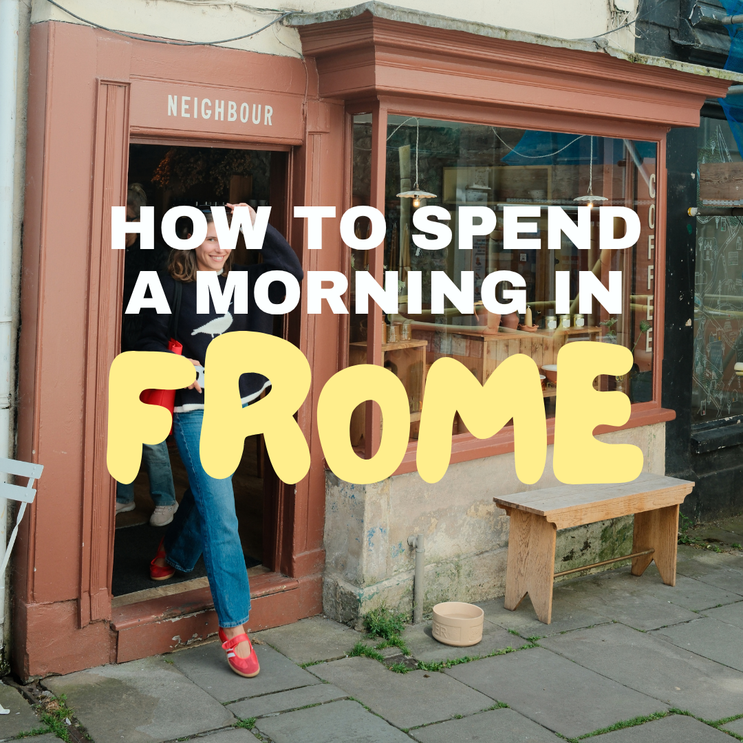 A person is opening a door of a shop called 'Neighbour' on a street. The shop has large windows, and there is a small wooden bench outside. Overlaid on the image is text reading 'How to spend a morning in home,' with the word 'home' in large, yellow, playful font.