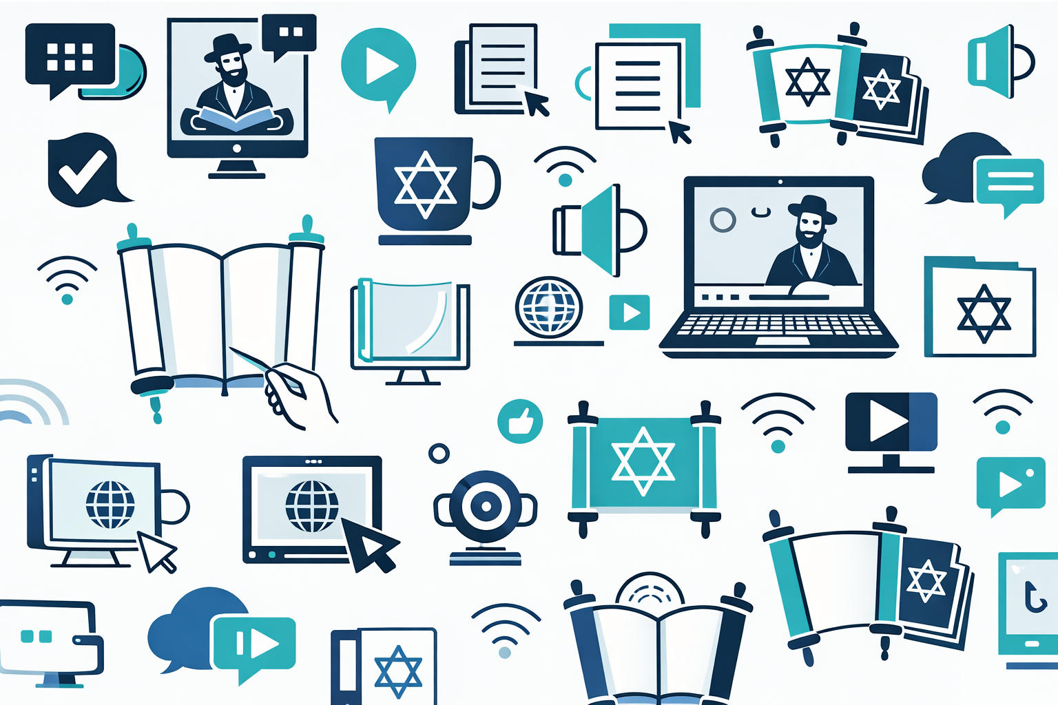 Pattern of digital icons related to online learning and Jewish culture, including books, computers, video play buttons, a menorah, and Star of David symbols.