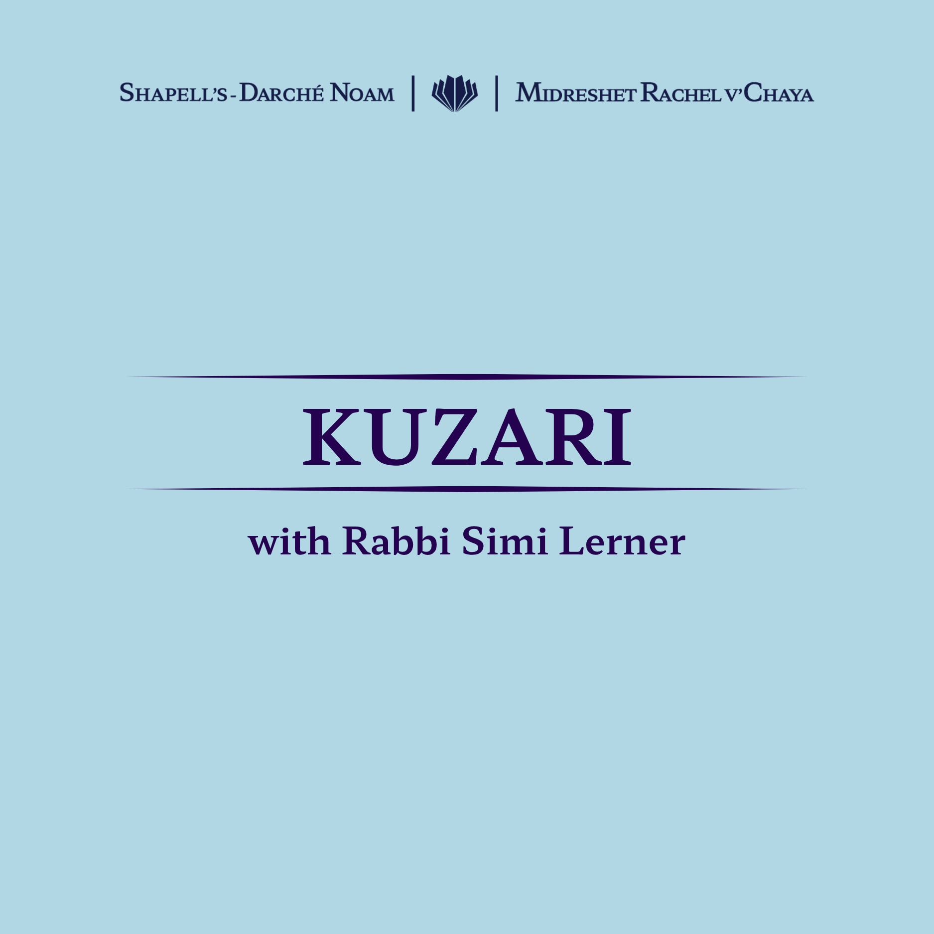 Book cover titled "Kuzari" with subtitle "with Rabbi Simi Lerner" on a blue background.