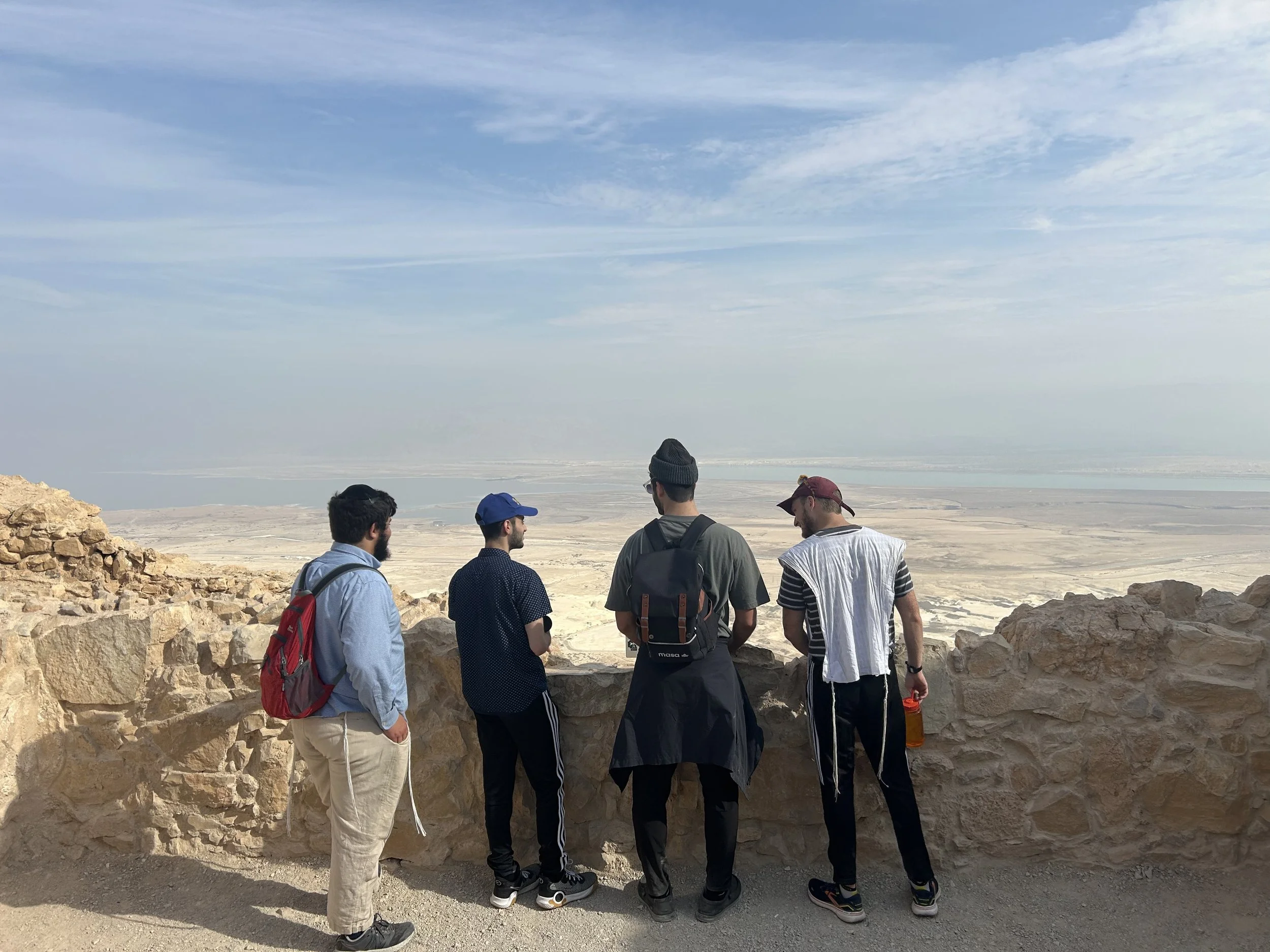 A group of six people standing on a rocky ledge, overlooking a desert landscape with a salt flat, under a partly cloudy sky.