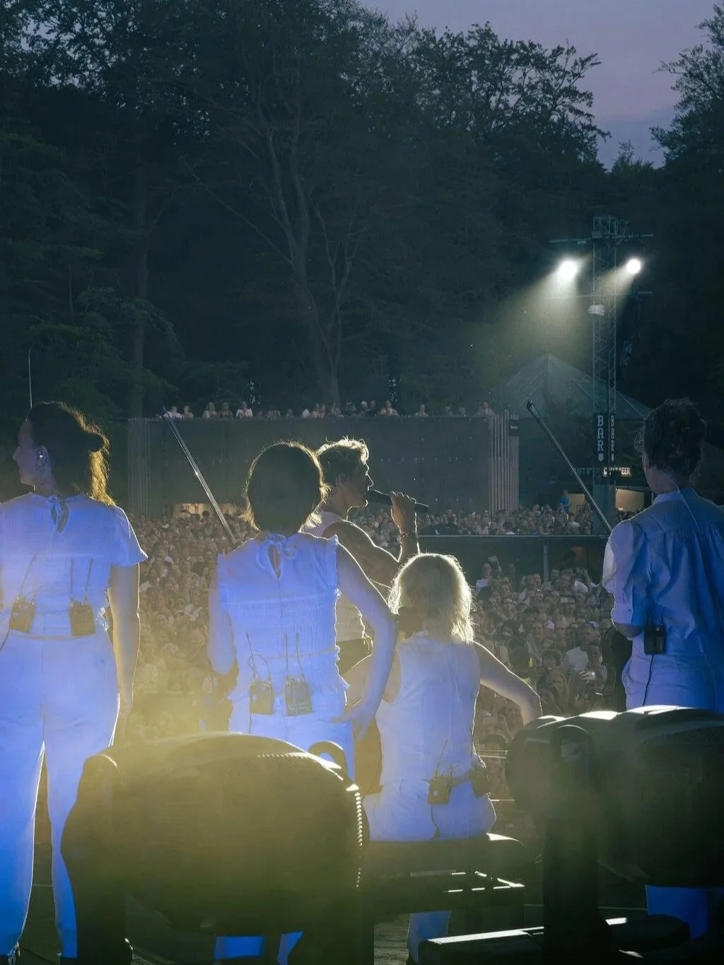 A live outdoor concert at dusk with a band performing on stage. The lead singer is holding a microphone, and band members are facing the audience. Audience is gathered in front, and some people are on an upper level. Stage lighting illuminates the performers against a backdrop of trees.