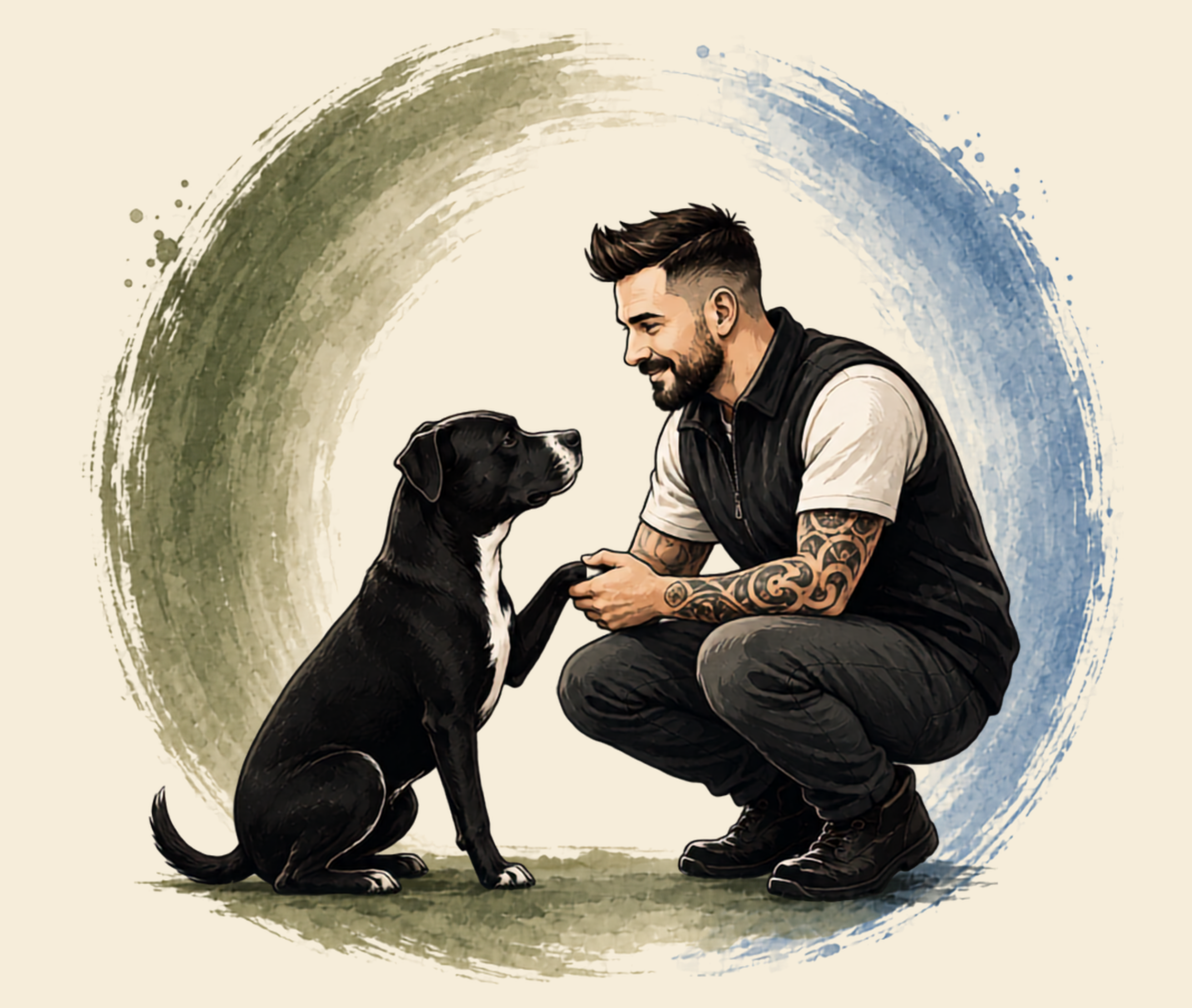 Digital artwork of a man with tattoos and a beard, crouching and holding a black and white dog, with a watercolor style circular background in green and blue shades.