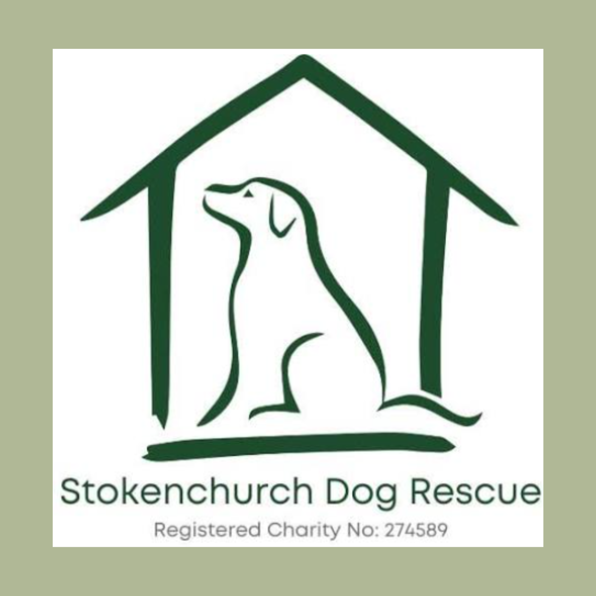 Logo of Stokenchurch Dog Rescue with a house outline and dog silhouette, text reads 'Stokenchuch Dog Rescue' and charity registration number 274589.