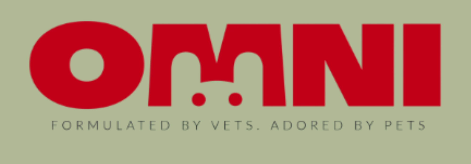 Red text spelling 'OMNI' with a dot over the letter 'O' against a pale green background, with smaller gray text below that reads 'Formulated by vets. Adored by pets'.