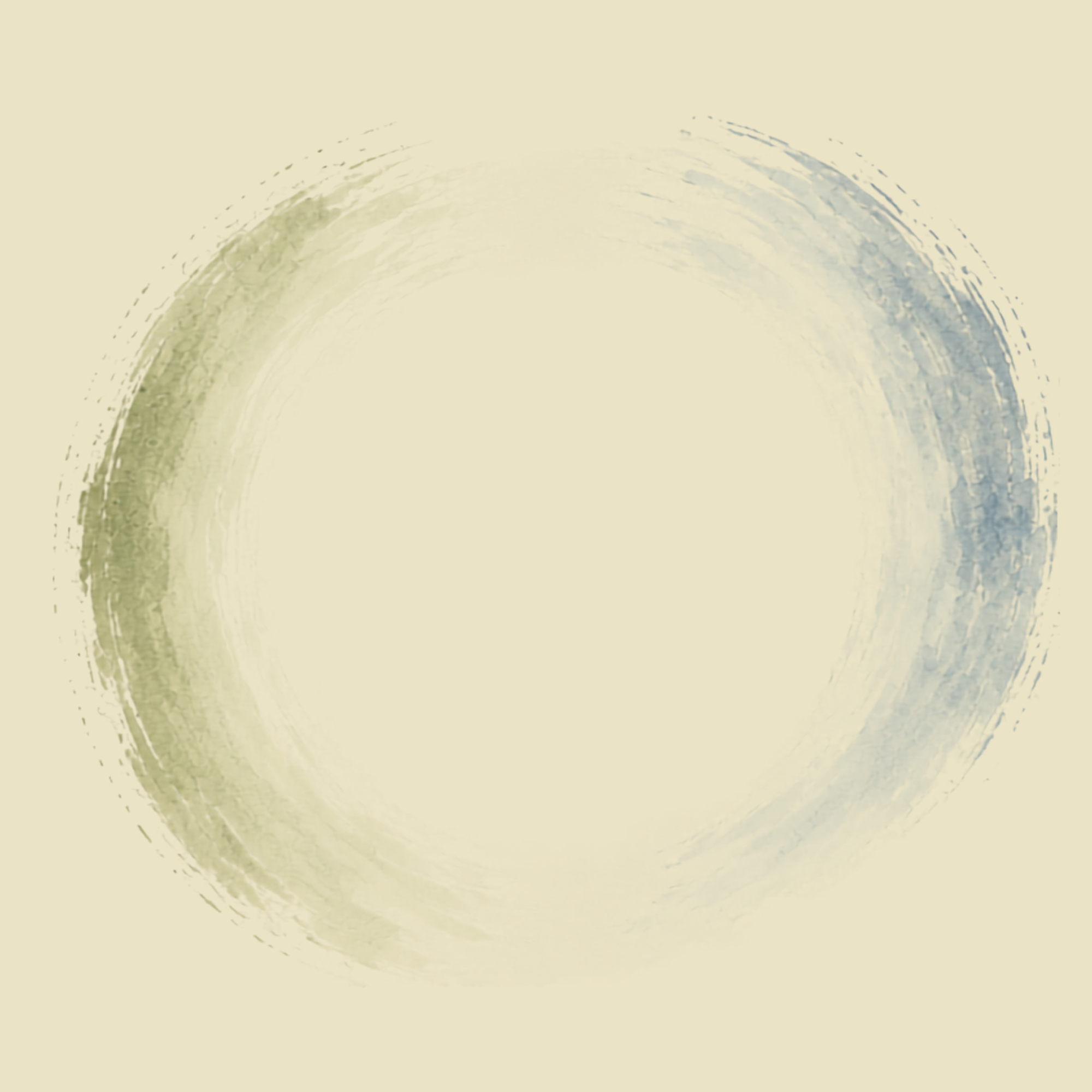 Abstract watercolor with circular brush strokes in green, beige, and gray tones.
