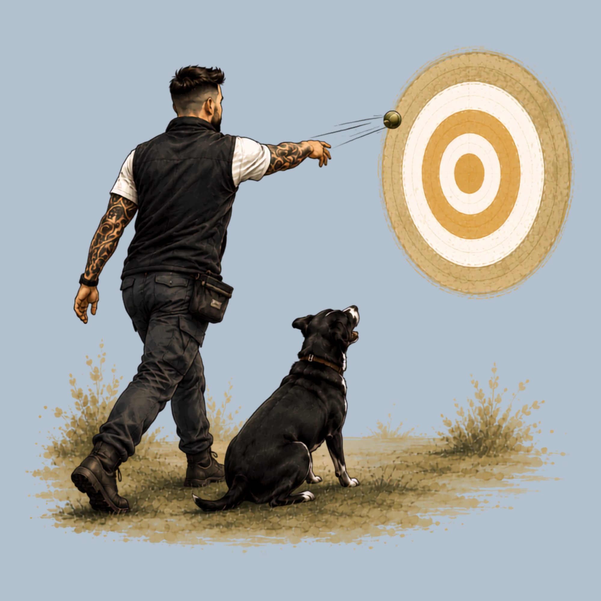 A man with tattoos on his arm and a dog are playing with a ball in front of a target on a wall.