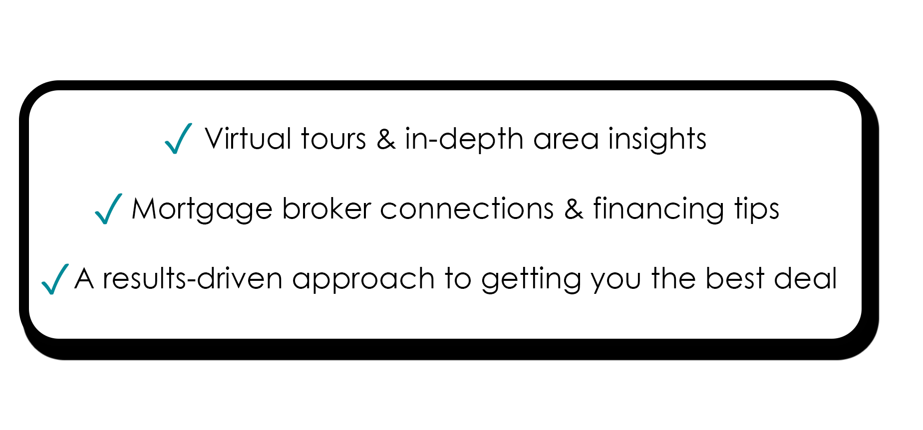 Text inside a rounded rectangle listing three points with check marks: 1. Virtual tours and in-depth area insights, 2. Mortgage broker connections and financing tips, 3. A results-driven approach to getting the best deal.