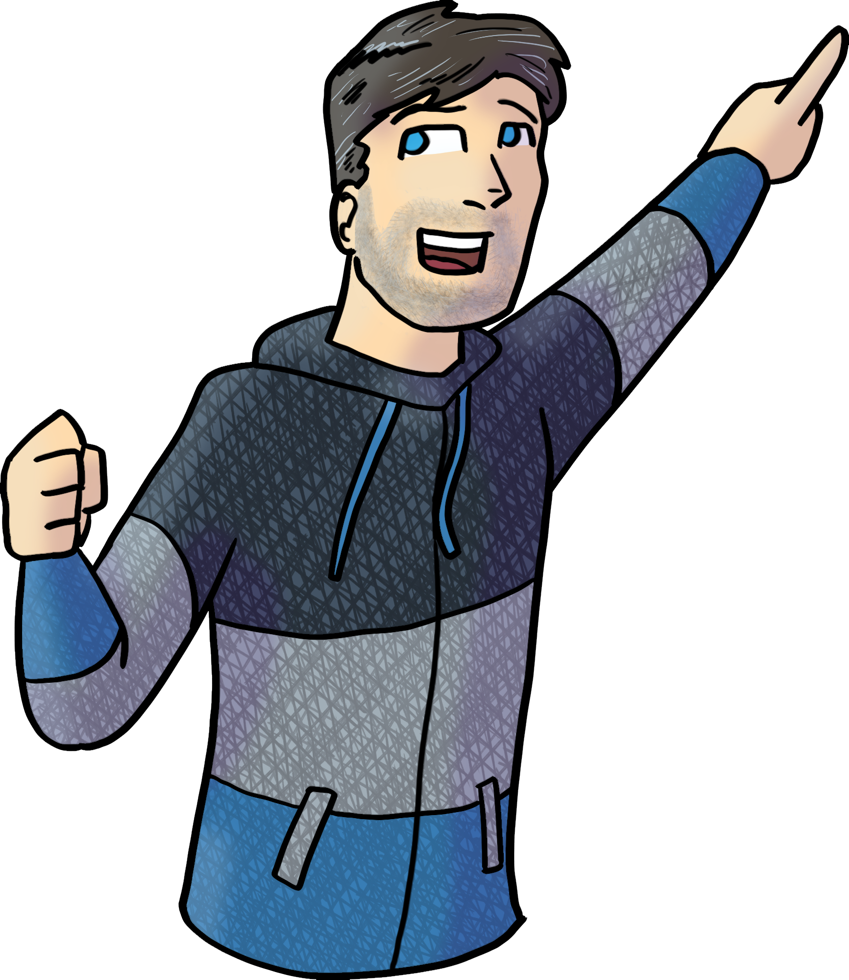 A cartoon man with dark hair and a beard, wearing a black and gray hoodie, is smiling and pointing upward with his right hand. His left hand is clenched into a fist.
