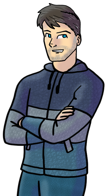 Cartoon illustration of a young man with brown hair and a slight beard, wearing a blue and gray hoodie, crossing his arms and smiling.
