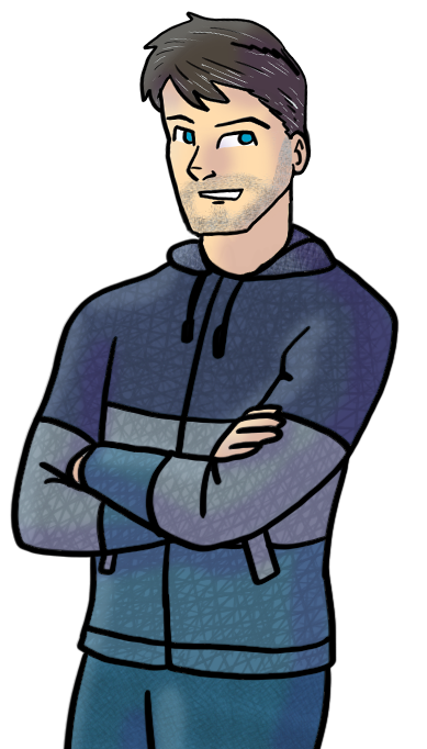 Cartoon illustration of a young man with dark hair, crossing his arms, wearing a blue and black hooded jacket.