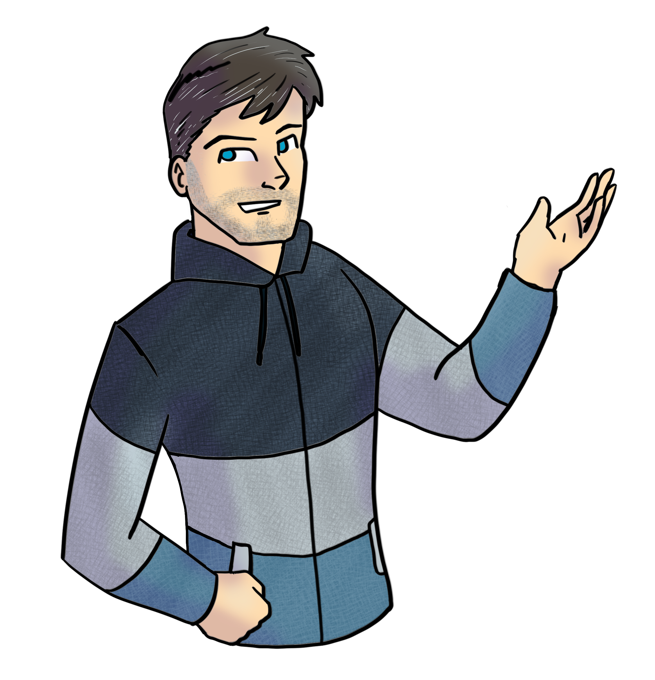 A cartoon man with brown hair, blue eyes, and a light beard, wearing a color-blocked hoodie with a dark top and light sleeves, is smiling and gesturing with his right hand.
