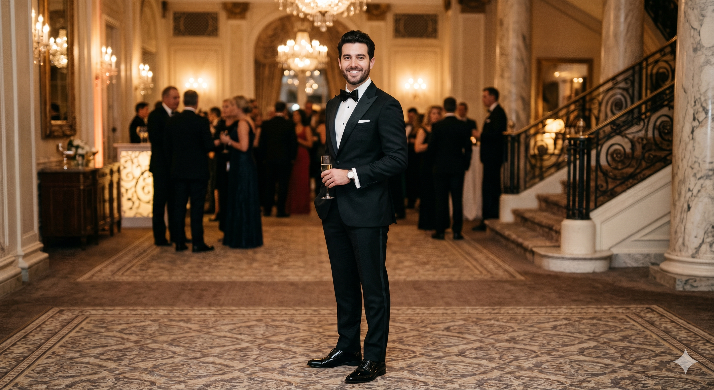 A man in a black tuxedo holding a champagne glass at a formal event in a luxurious, chandelier-lit hall with marble columns and a carpeted floor. Several guests are mingling in the background.