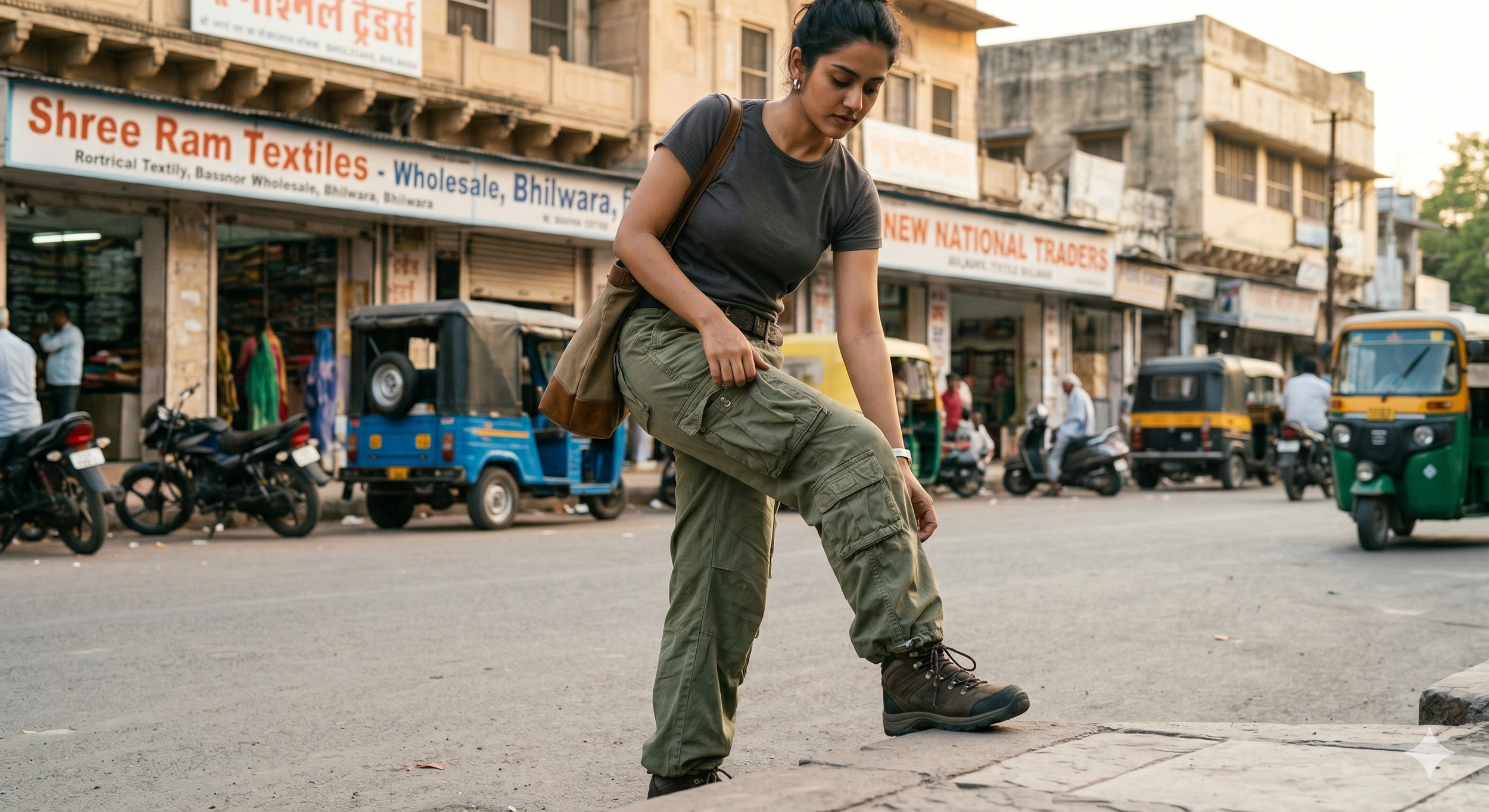 A young woman in outdoor tactical clothing stands on a street in an urban area, looking down while adjusting her boot.