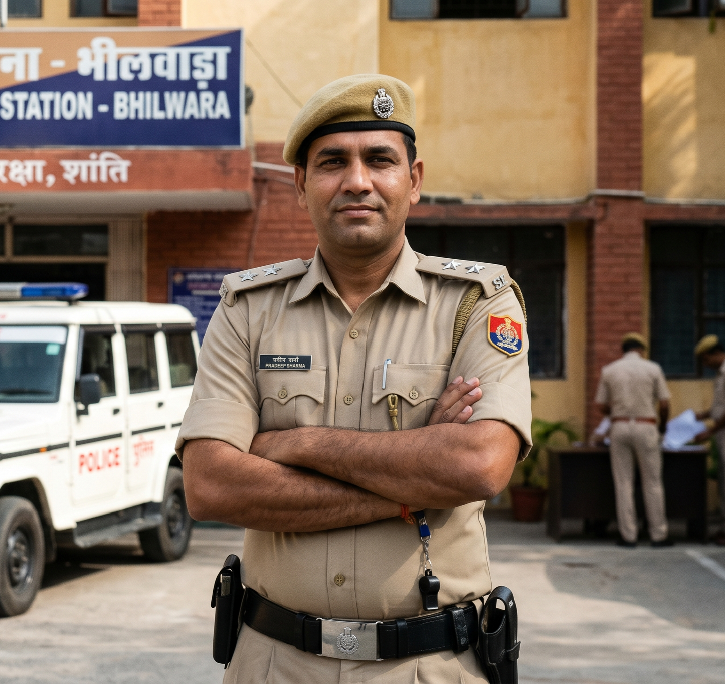 A police officer stands outdoors with arms crossed, wearing a khaki uniform and a tan cap, in front of a police station and police vehicles.
