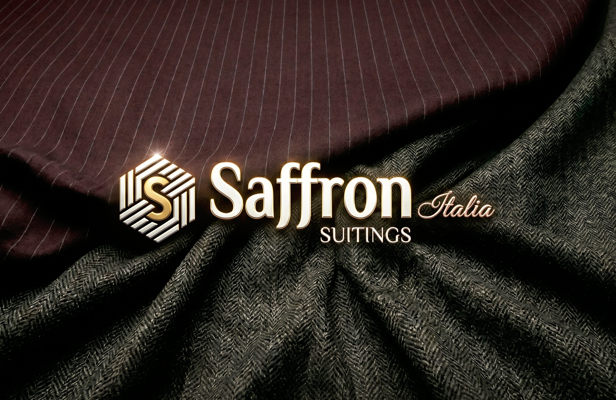 Display of fabrics from Saffron Suitings, including a maroon pinstripe fabric and a black and white herringbone fabric.