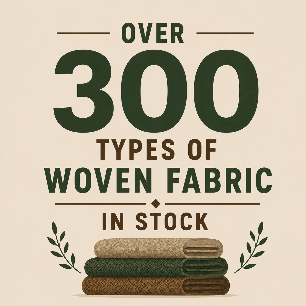 Sign advertising over 300 types of woven fabric in stock, with an illustration of neatly stacked woven fabric rolls.