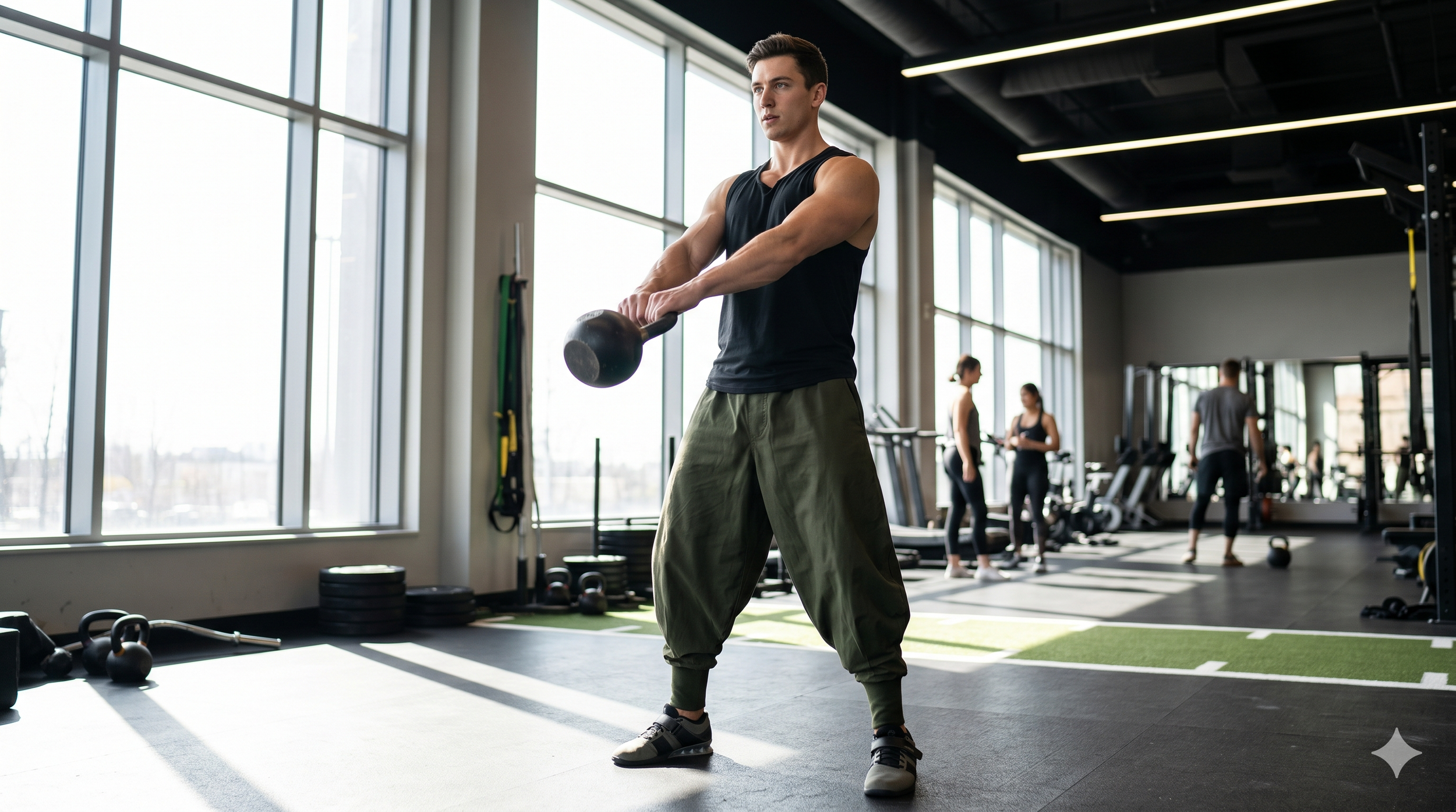 A young man in black tank top and cargo pants performing a kettlebell exercise in a gym with large windows and other people working out in the background.