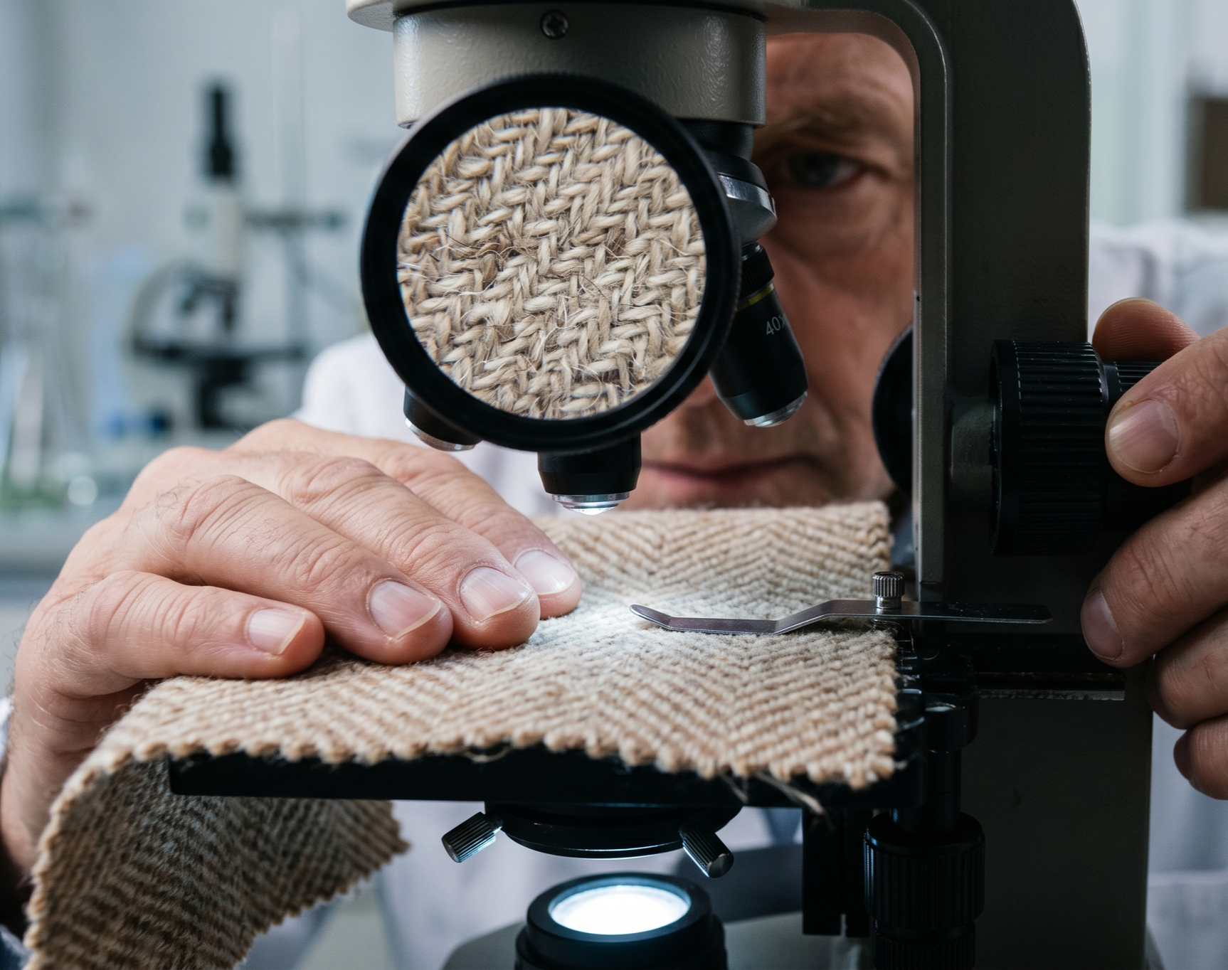 Person examining a piece of fabric under a microscope in a laboratory setting.