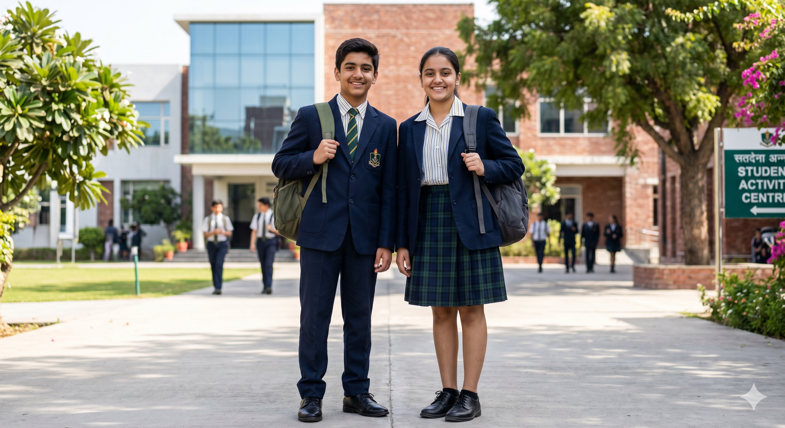 Two students in school uniforms smiling and standing outdoors on a school campus with other students in the background, trees, and a brick building.
