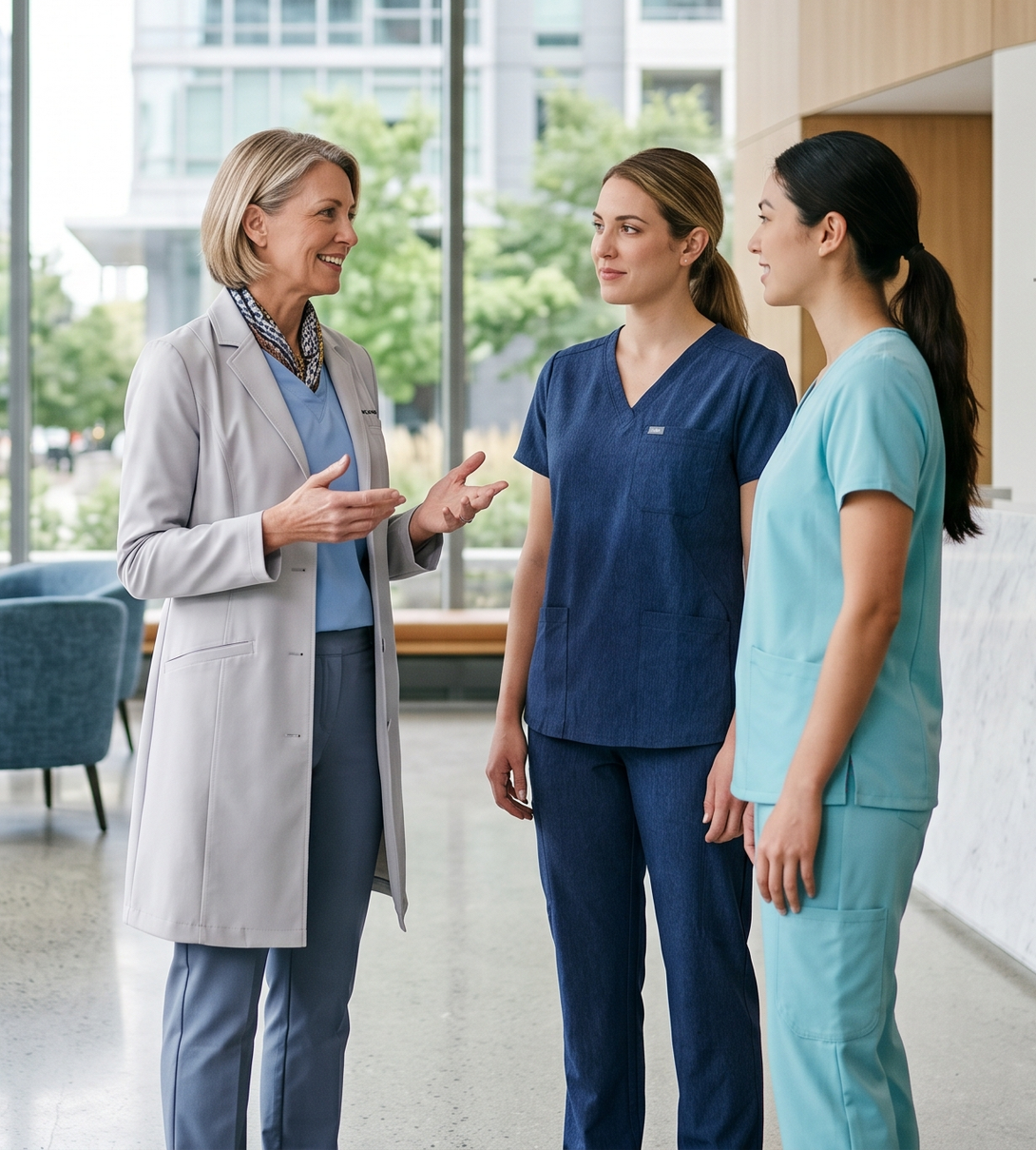 Three female healthcare professionals having a discussion in a hospital lobby.