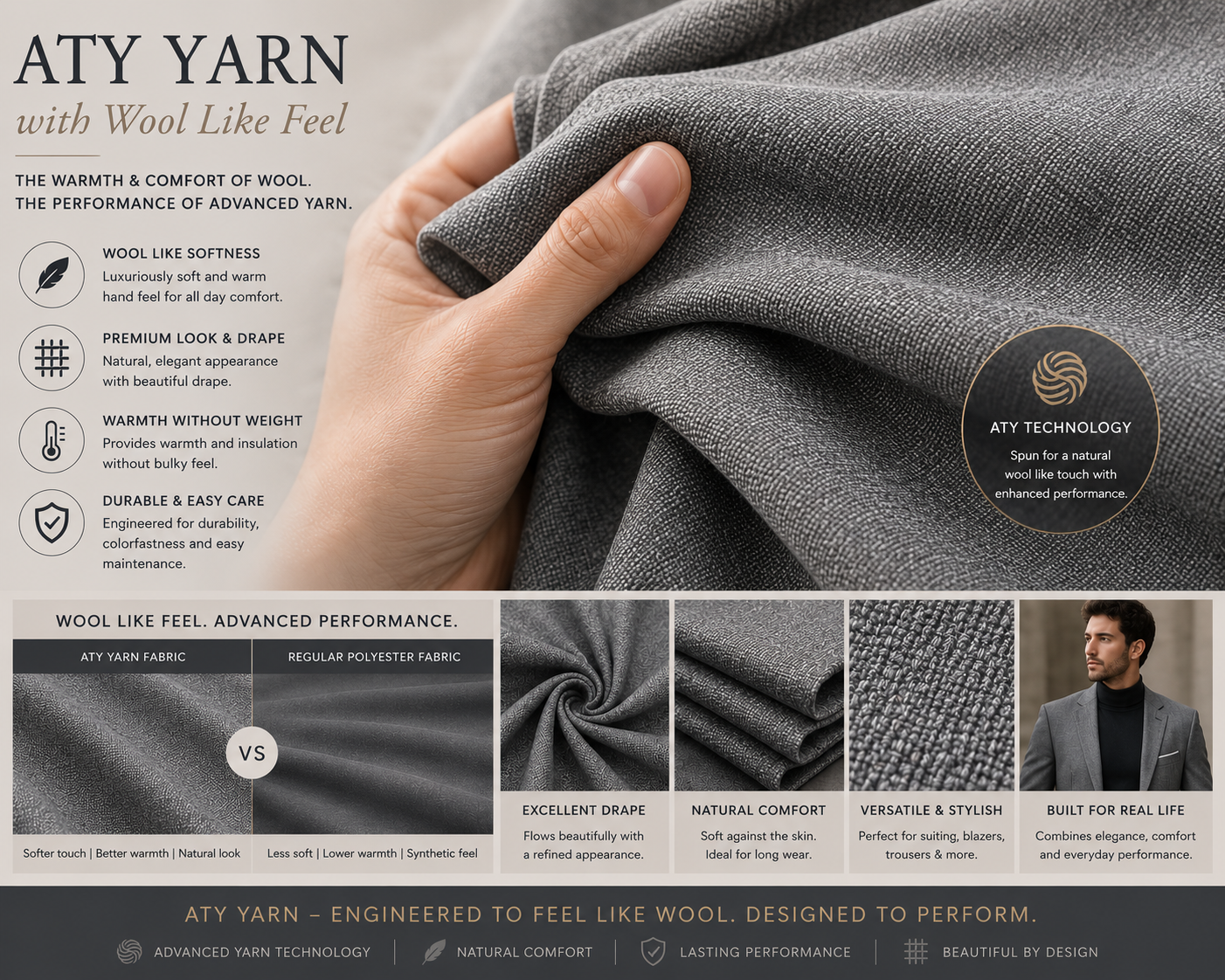 A promotional layout for ATY YARN fabric, featuring a close-up of gray textile held by a hand, with text describing its features such as wool-like softness, premium look, warmth without weight, and durability. The layout includes comparison images with regular polyester, a swirl of fabric, folded fabric, textured fabric sample, and a man in a suit. Keywords highlight advanced yarn technology, natural comfort, lasting performance, and beautiful design.
