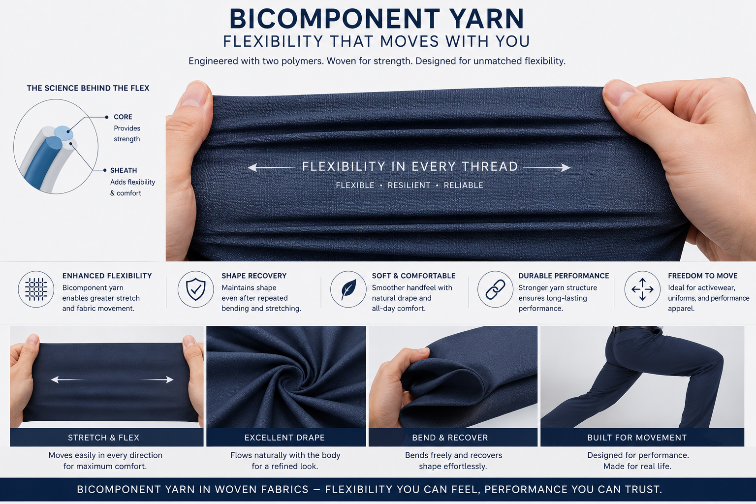 A promotional poster for bicomponent yarn, highlighting its flexibility, resilience, and performance in fabric. The poster shows a person stretching fabric between their hands, with text explaining the science behind the stretch, including core and sheath components. Additional sections describe the yarn's flexibility, shape recovery, softness, durability, and movement freedom, along with images of fabric stretching, folding, and a person in activewear.