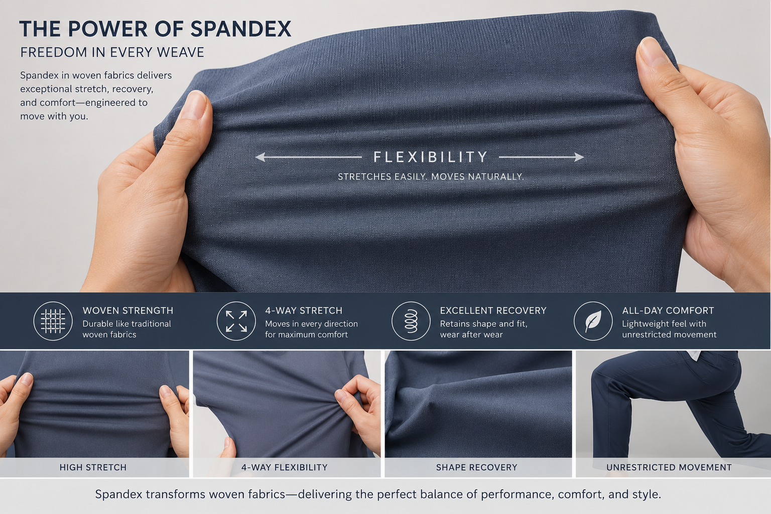 Infographic demonstrating the properties of spandex fabric, including flexibility, high stretch, 4-way flexibility, shape recovery, and all-day comfort, with images of fabric stretching and pants.