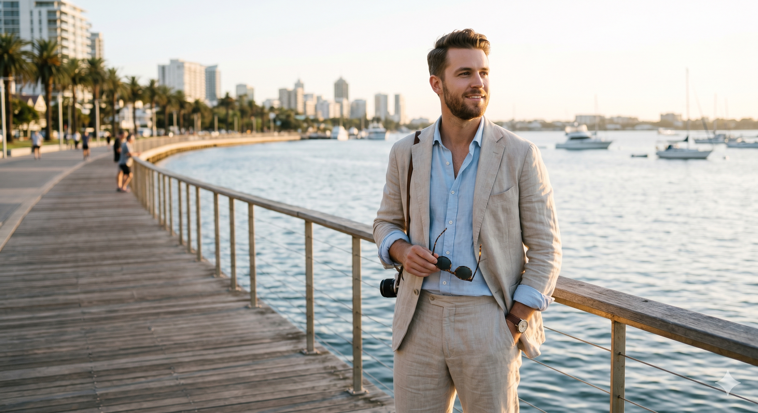 A man in a beige suit holding sunglasses stands on a wooden pier, overlooking a marina with boats and a city skyline in the background during sunset.