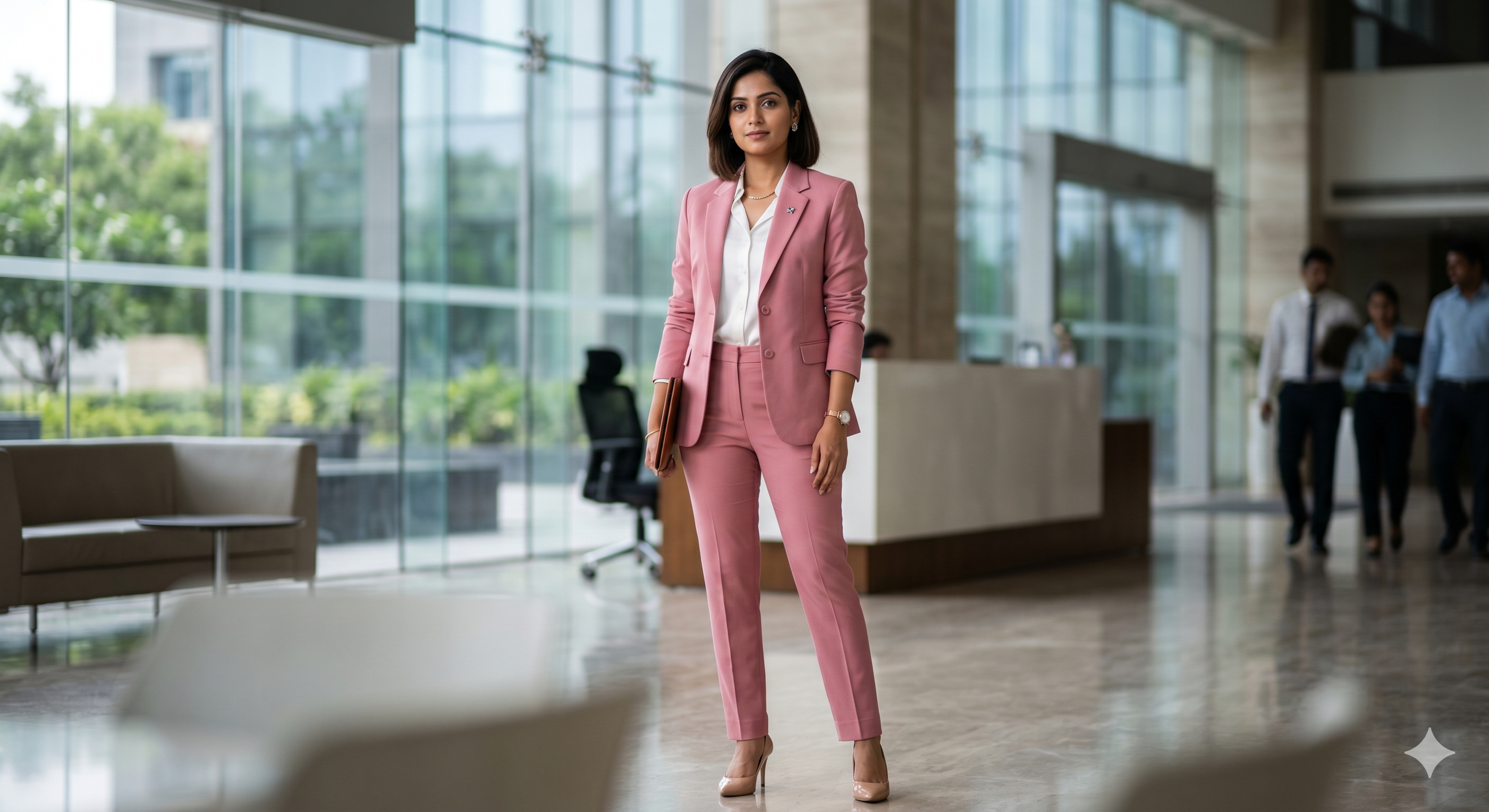 A woman wearing a pink suit with a white shirt and nude heels standing in a modern office lobby holding a brown folder.