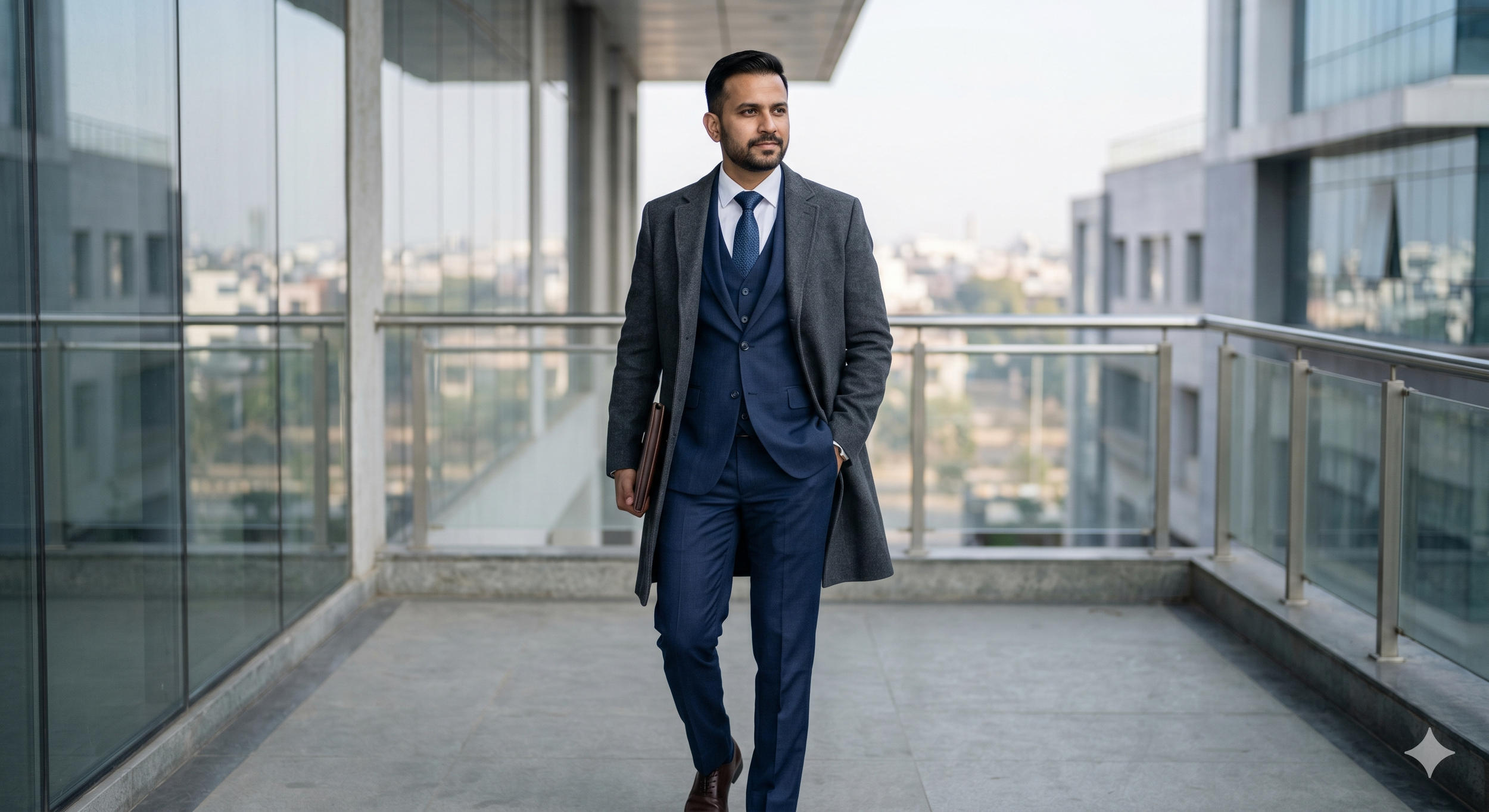 A man wearing a gray coat, dark suit, white shirt, and blue tie, holding a folder, walking on a balcony of a modern glass building.